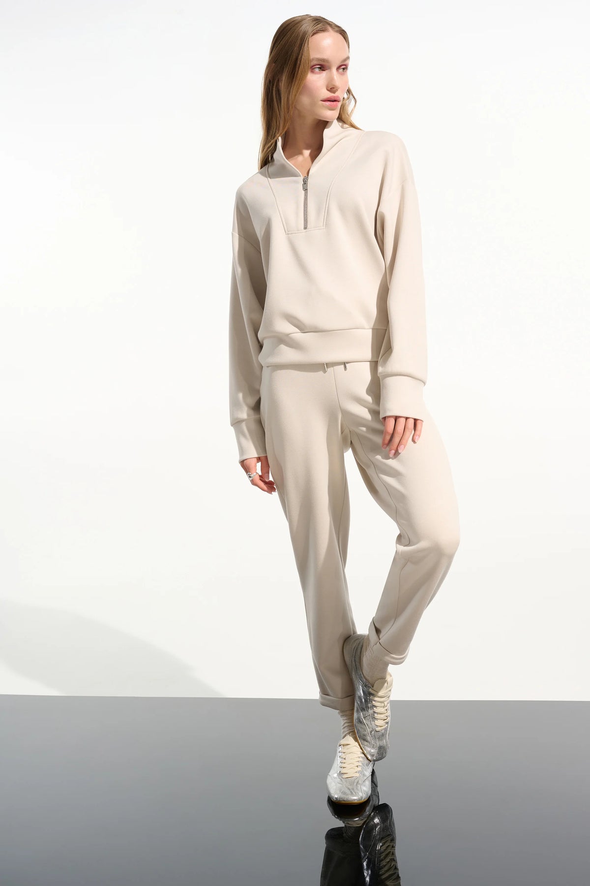 Joseph Ribkoff Moonstone Scuba Jersey Boxy Sweatshirt With High Collar and Front Zipper