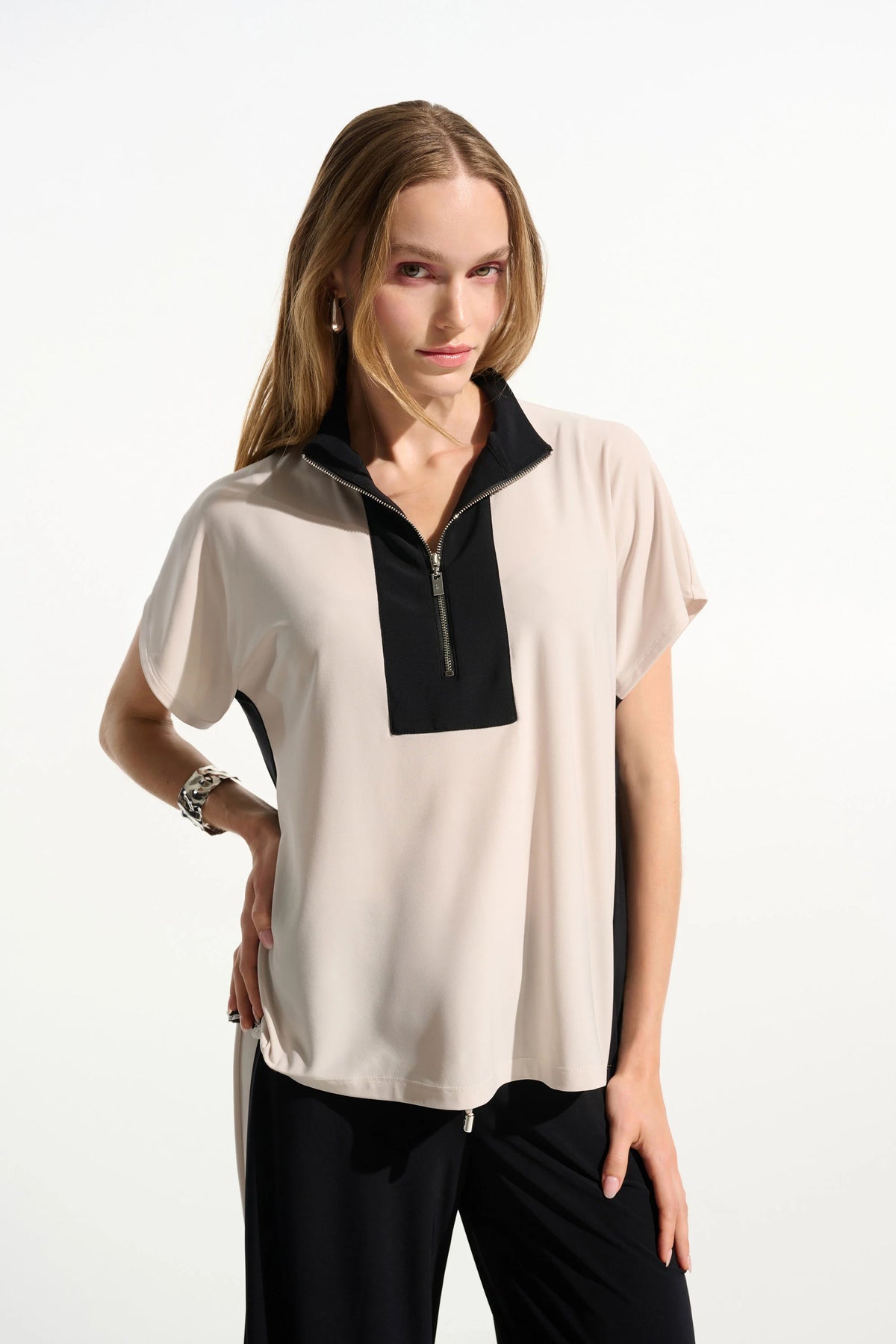 Joseph Ribkoff Moonstone/Black Silky Knit Color Block Straight Top With Zipped Collar