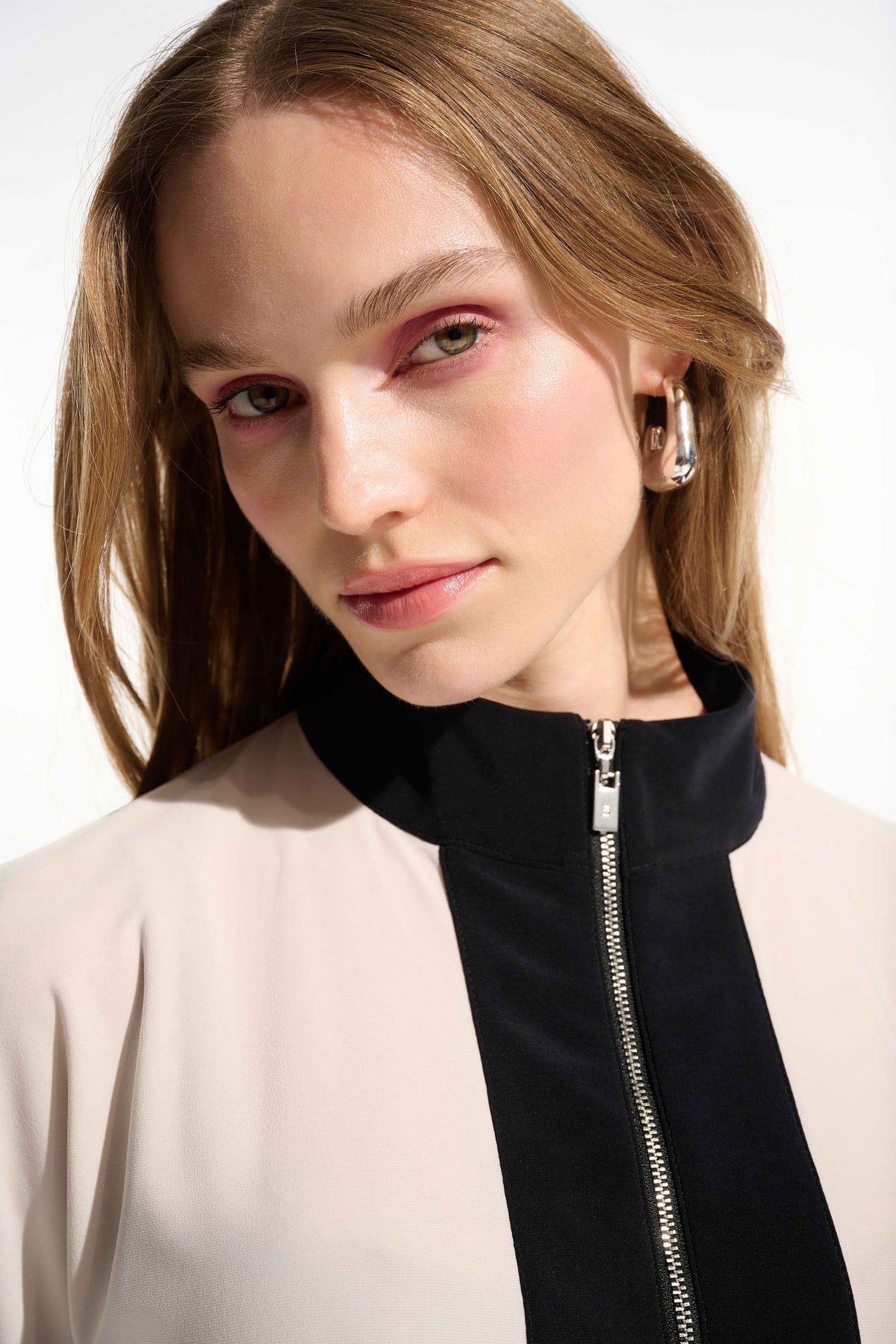 Joseph Ribkoff Moonstone/Black Silky Knit Color Block Straight Top With Zipped Collar