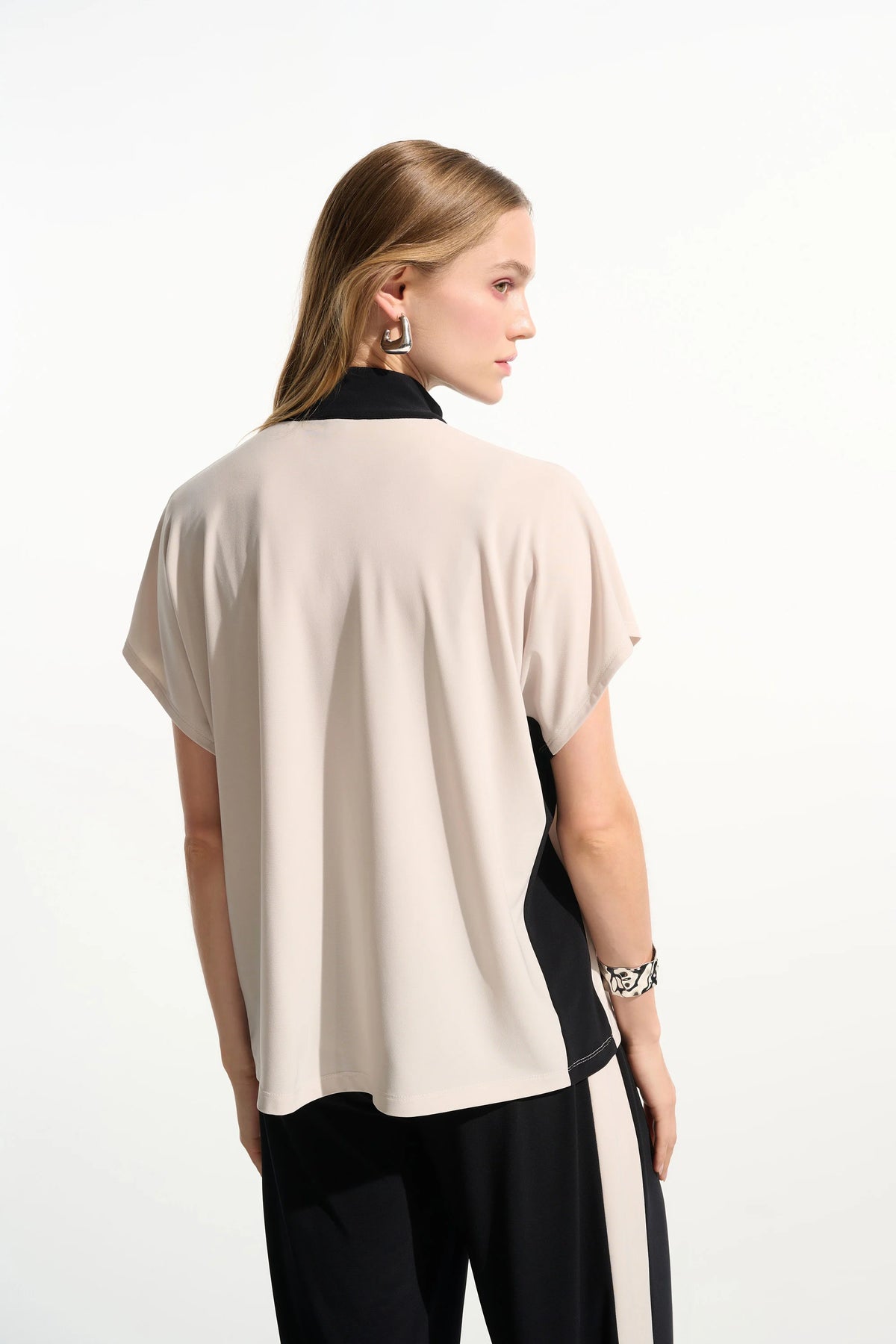 Joseph Ribkoff Moonstone/Black Silky Knit Color Block Straight Top With Zipped Collar