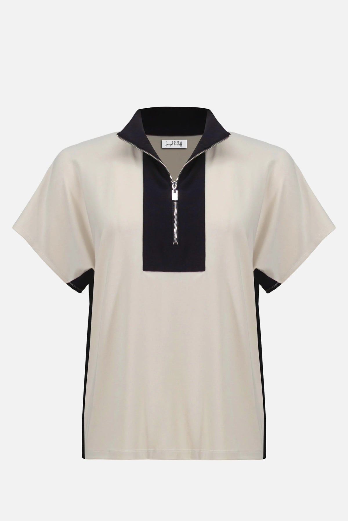 Joseph Ribkoff Moonstone/Black Silky Knit Color Block Straight Top With Zipped Collar