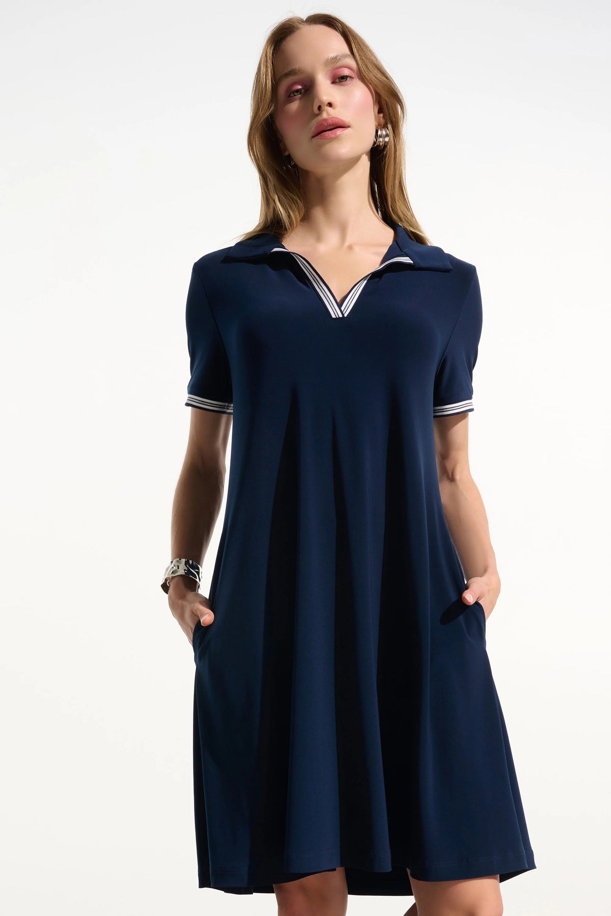 Joseph Ribkoff Indigo Silky Knit Trapeze Dress With Polo Collar