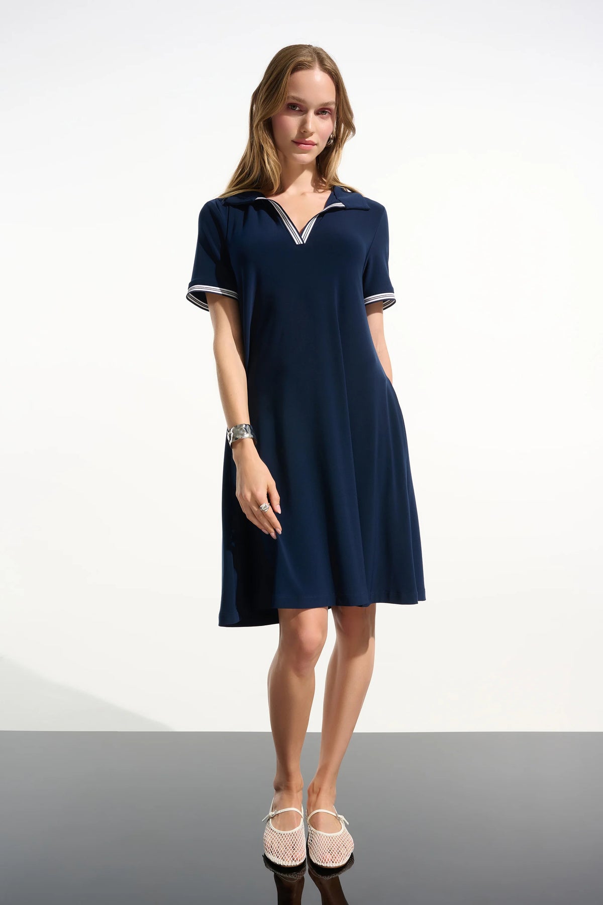 Joseph Ribkoff Indigo Silky Knit Trapeze Dress With Polo Collar