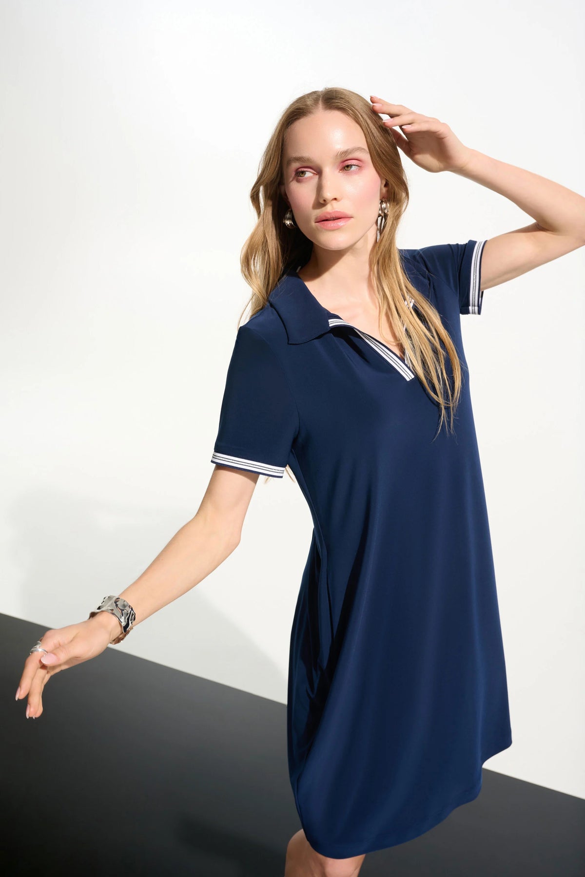 Joseph Ribkoff Indigo Silky Knit Trapeze Dress With Polo Collar