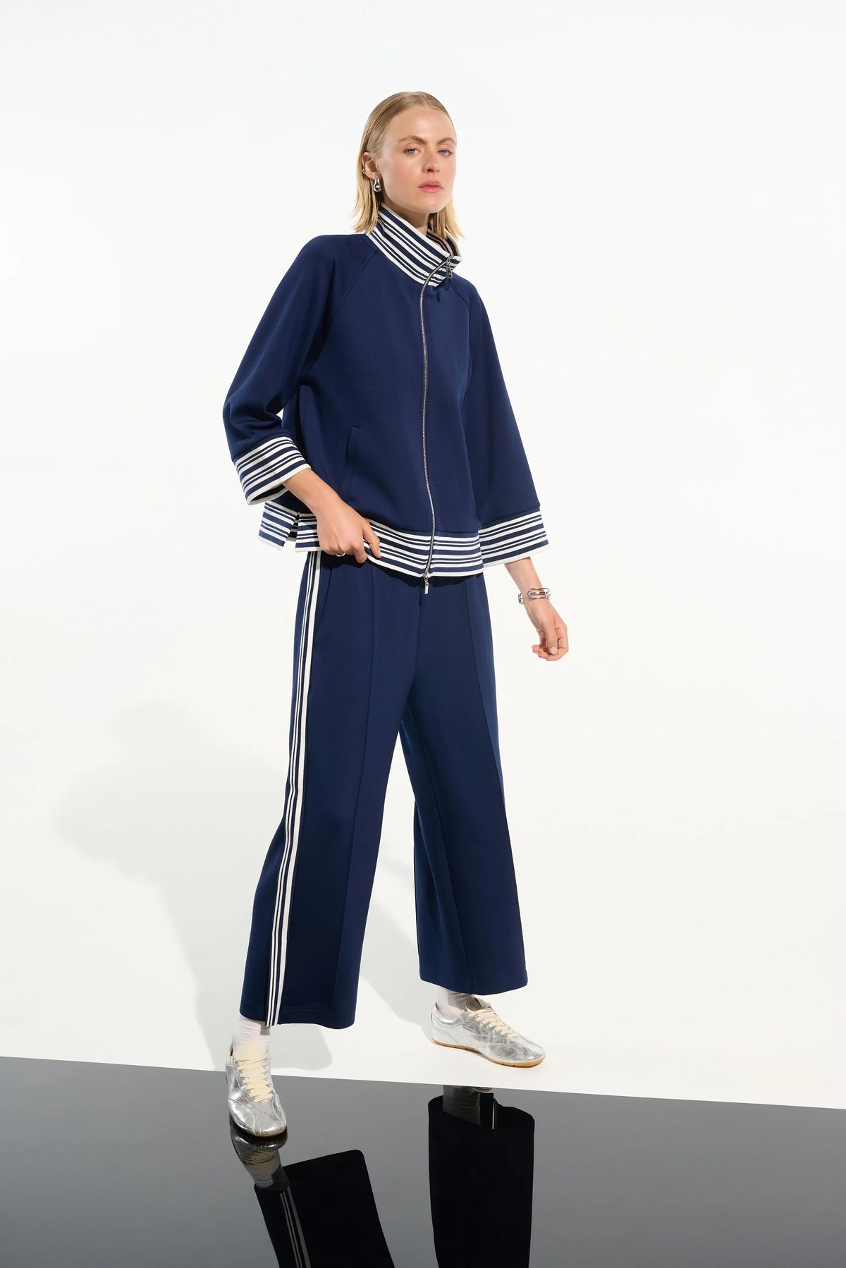 Joseph Ribkoff Vanilla/Indigo Scuba Jersey Jacket With Funnel Collar