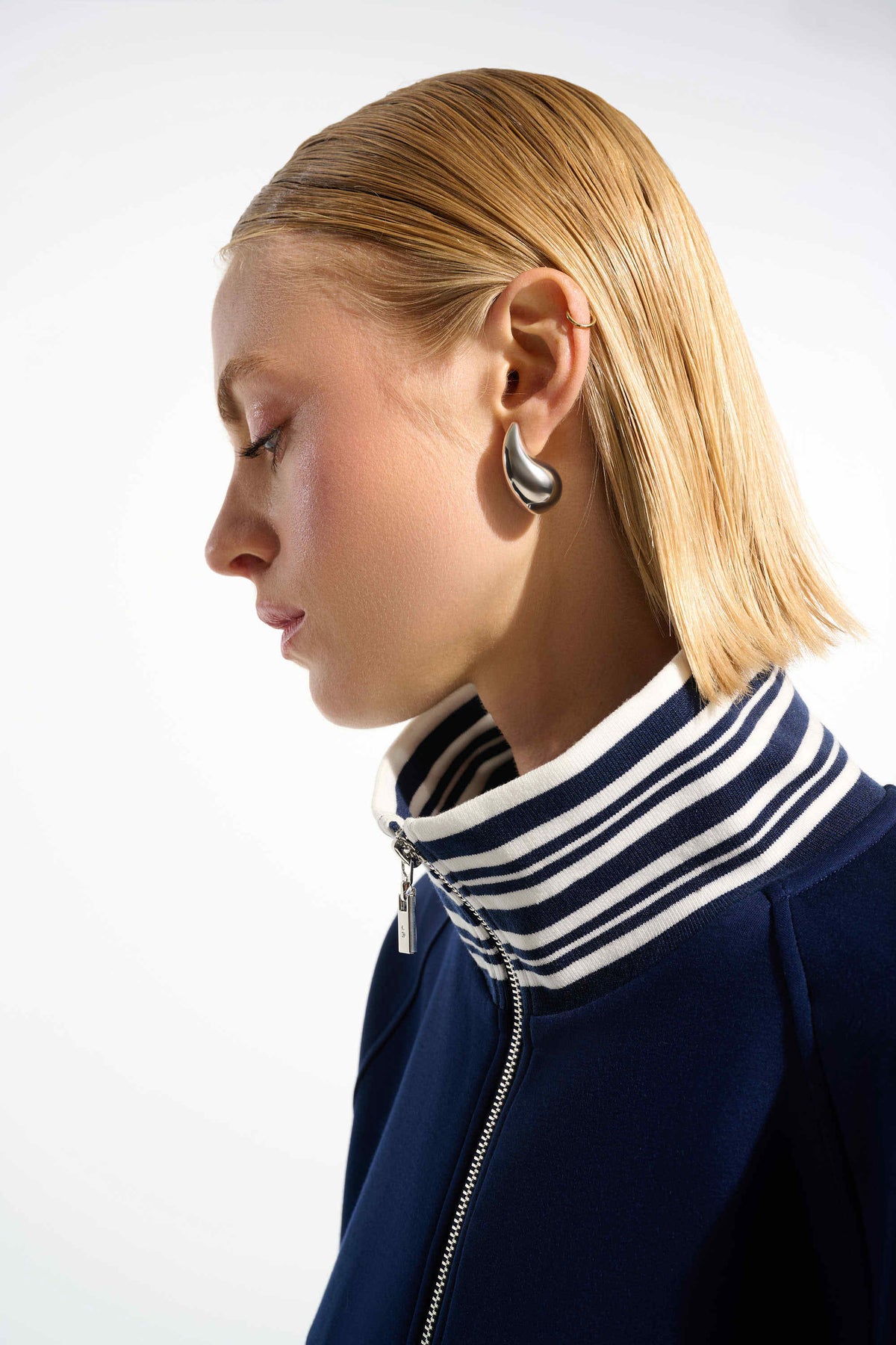 Joseph Ribkoff Vanilla/Indigo Scuba Jersey Jacket With Funnel Collar