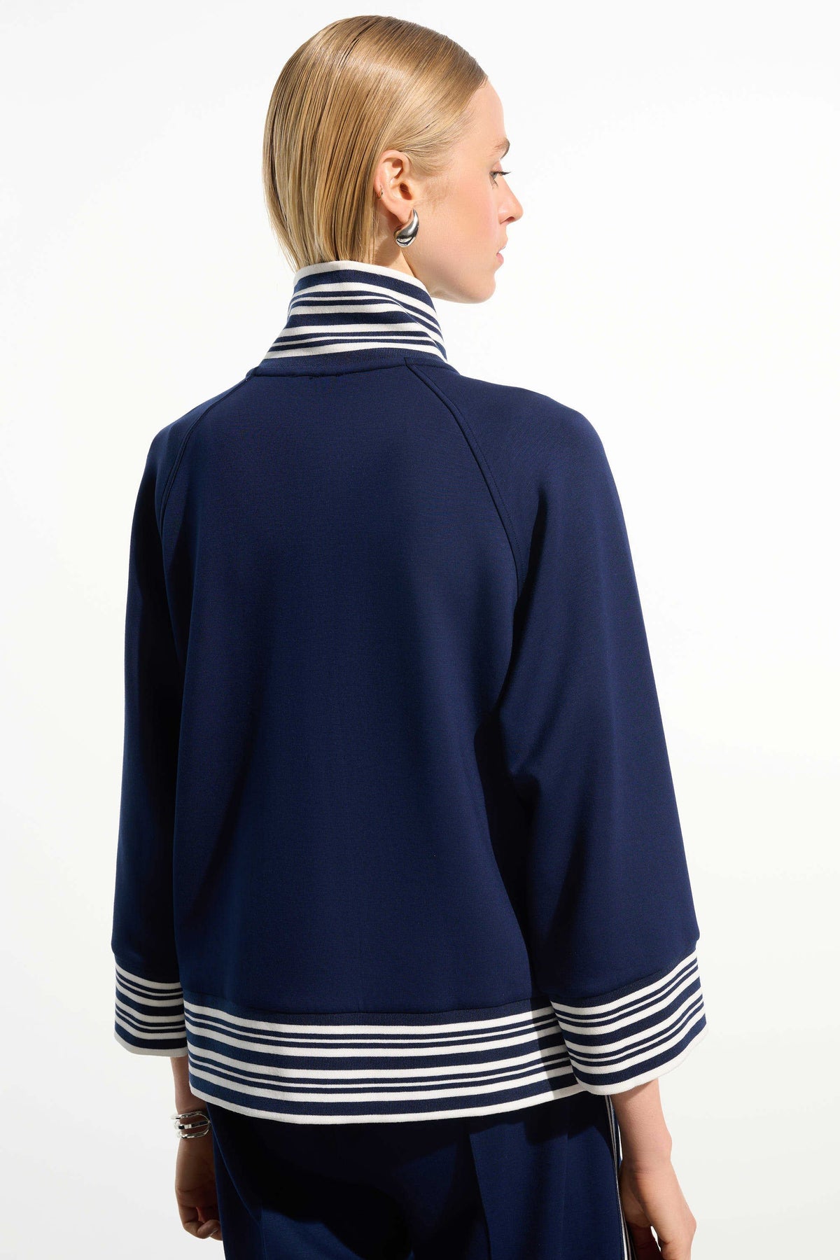 Joseph Ribkoff Vanilla/Indigo Scuba Jersey Jacket With Funnel Collar