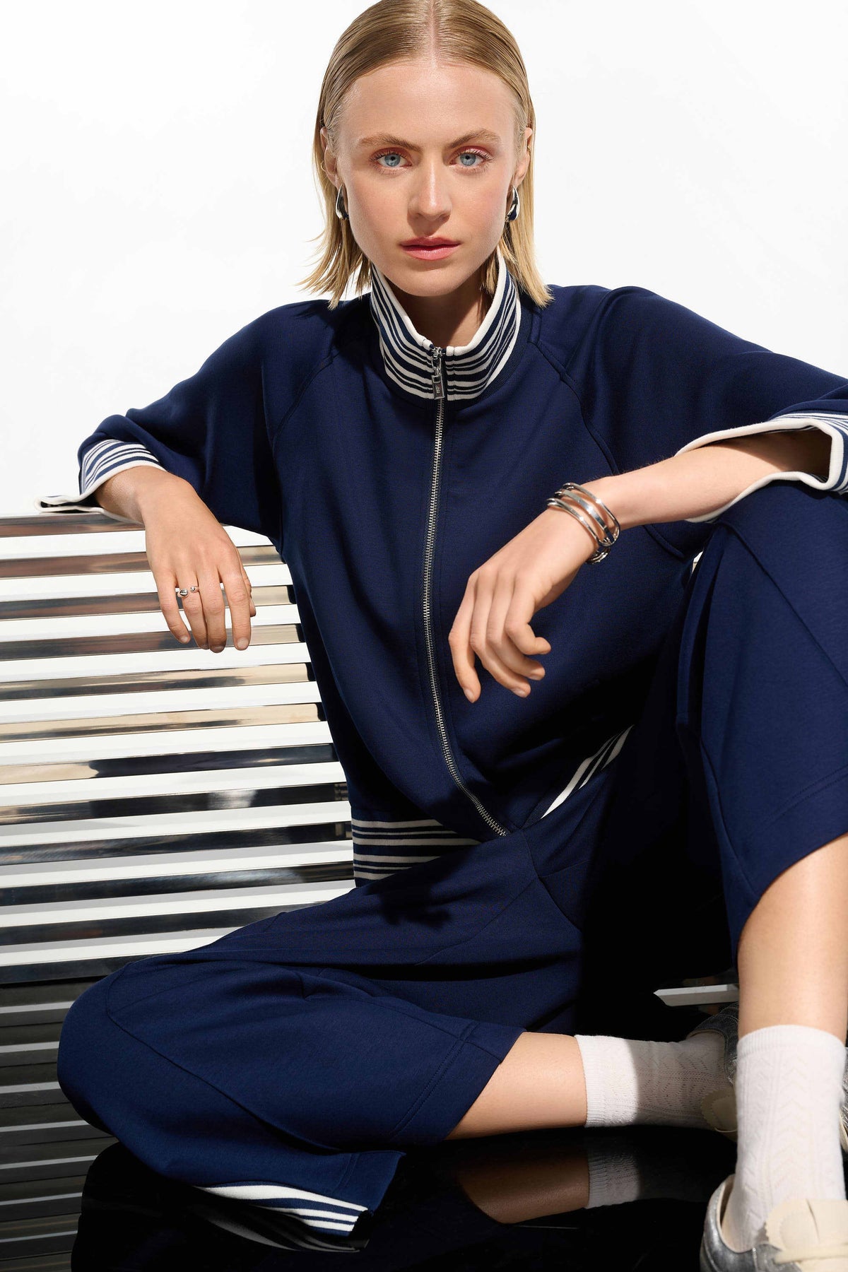 Joseph Ribkoff Vanilla/Indigo Scuba Jersey Jacket With Funnel Collar