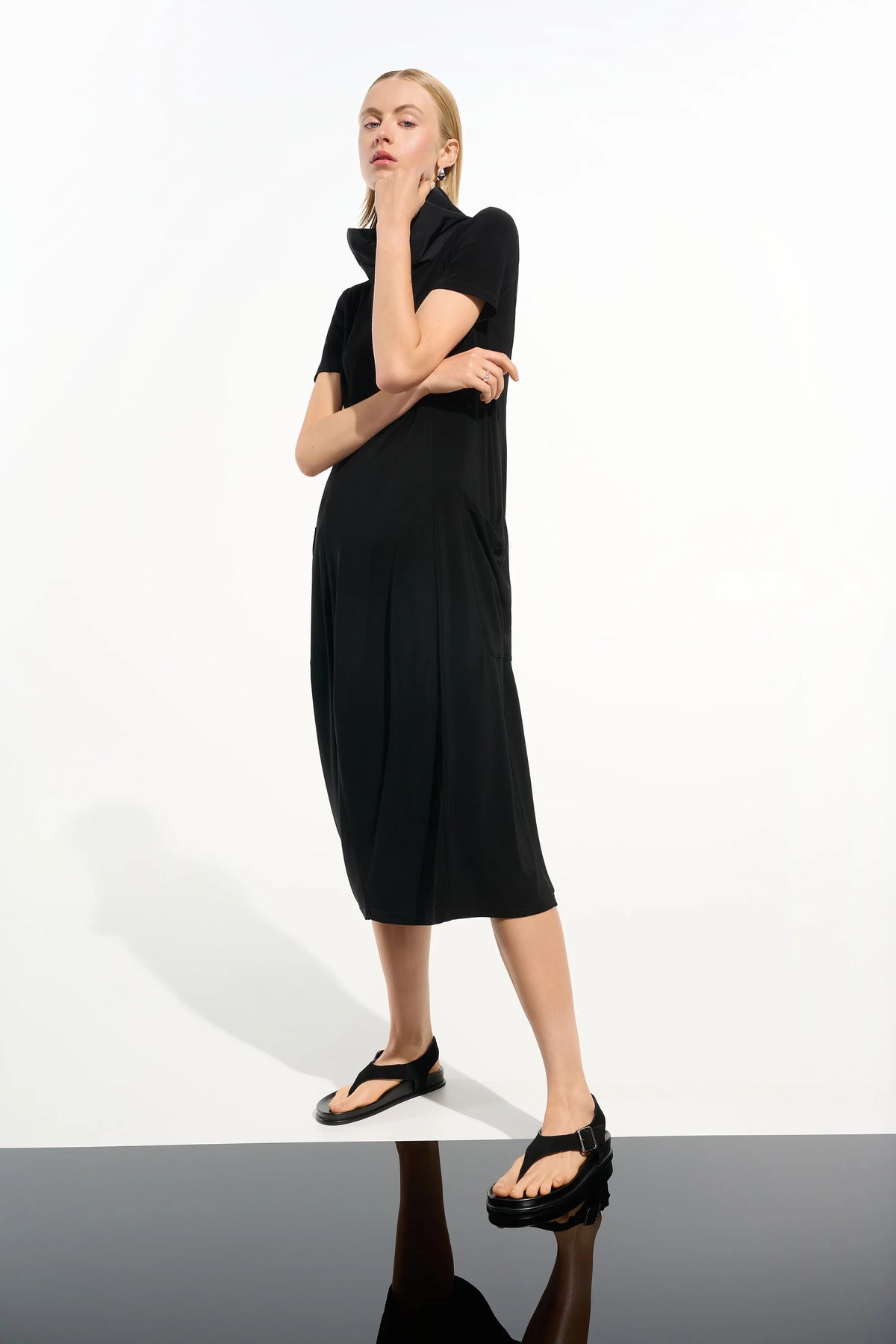 Joseph Ribkoff Black Silky Knit Cocoon Dress With Memory Funnel Collar
