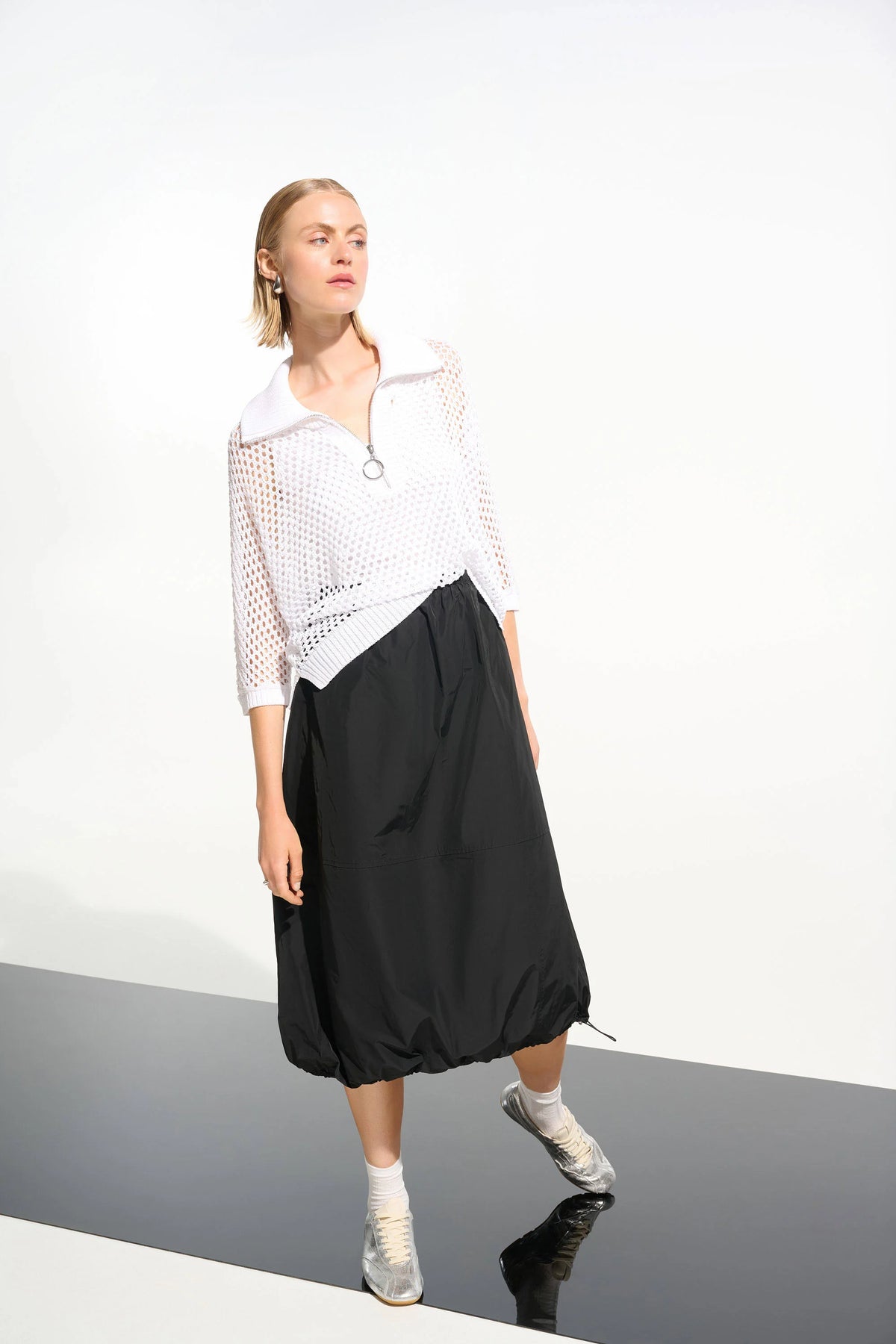 Joseph Ribkoff Vanilla Vicscose Blend Boxy Sweater Knit With Zipped Neckline