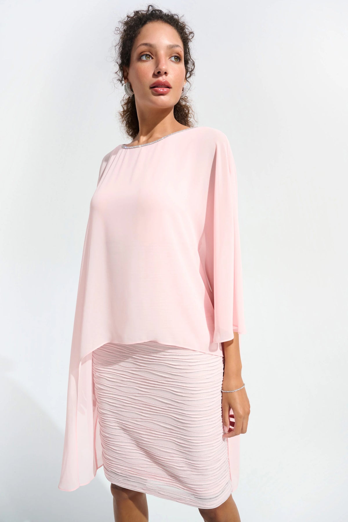 Joseph Ribkoff Petal Pink Signature | Cascade Knit Sheath Dress With Chiffon Poncho Overlay