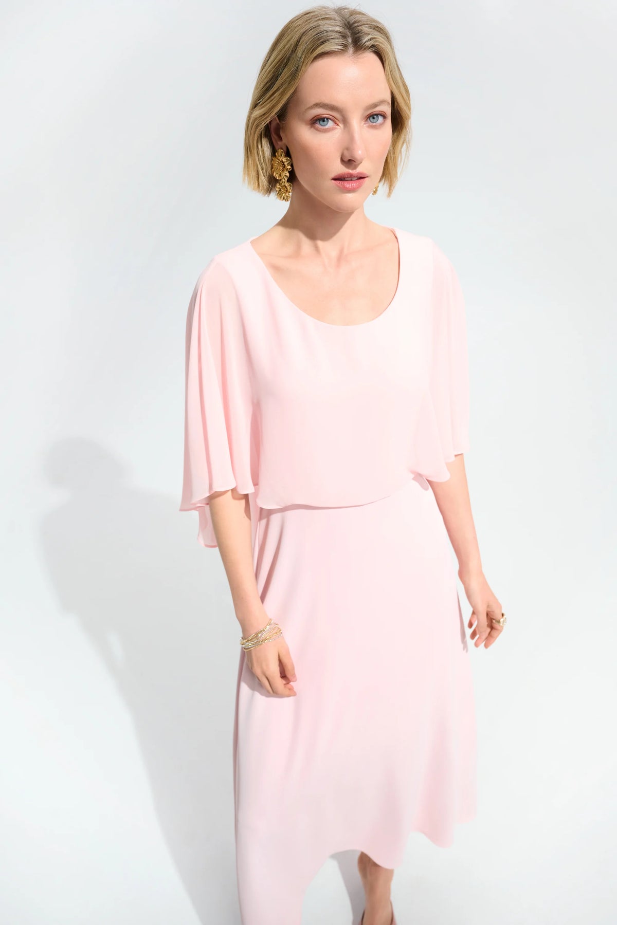 Joseph Ribkoff Petal Pink Signature | Woven Twill A-Line Dress With Chiffon Overlay