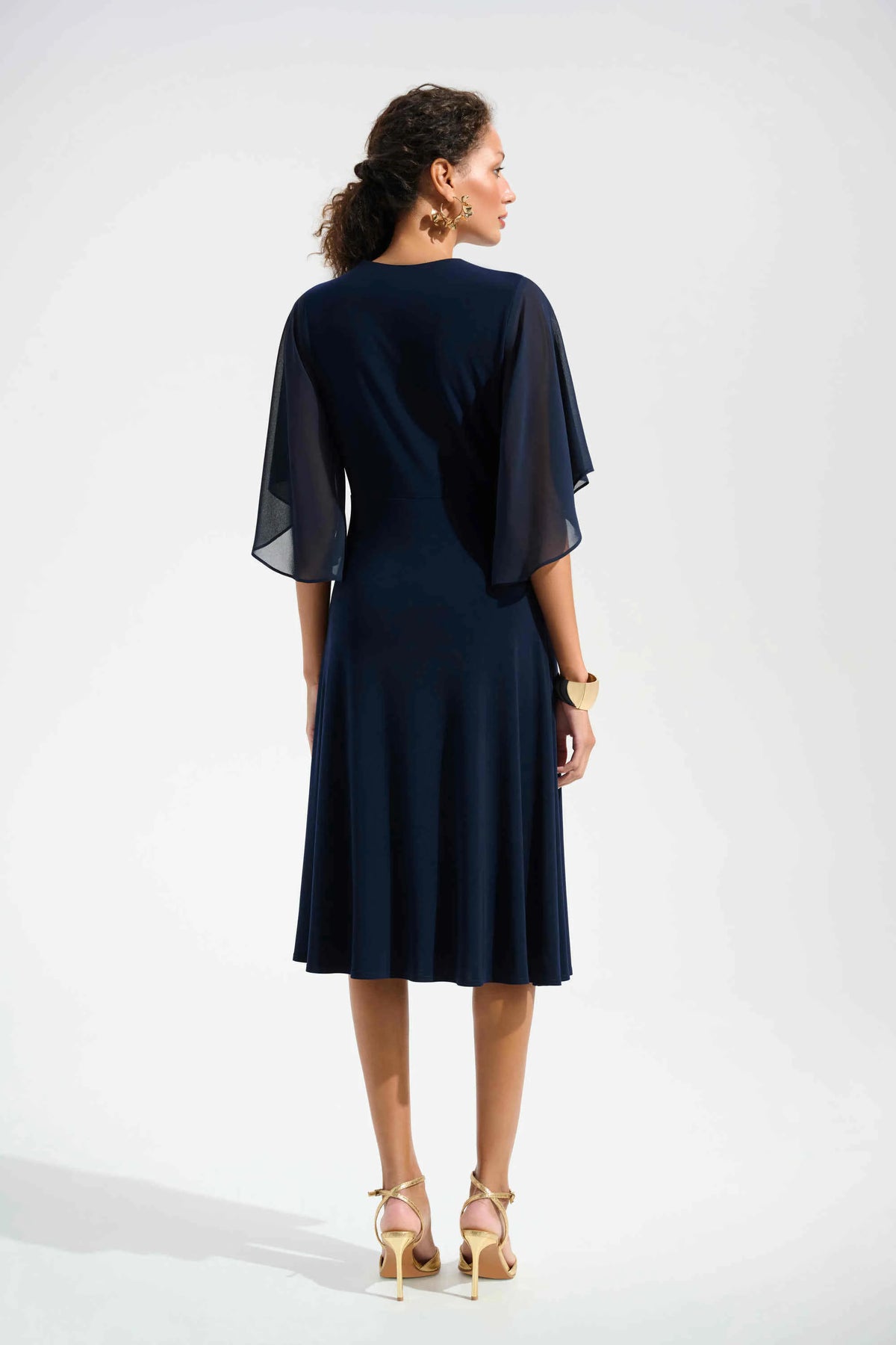 Joseph Ribkoff Midnight Blue Signature Silky Knit Fit and Flare Dress With Chiffon Draped Sash