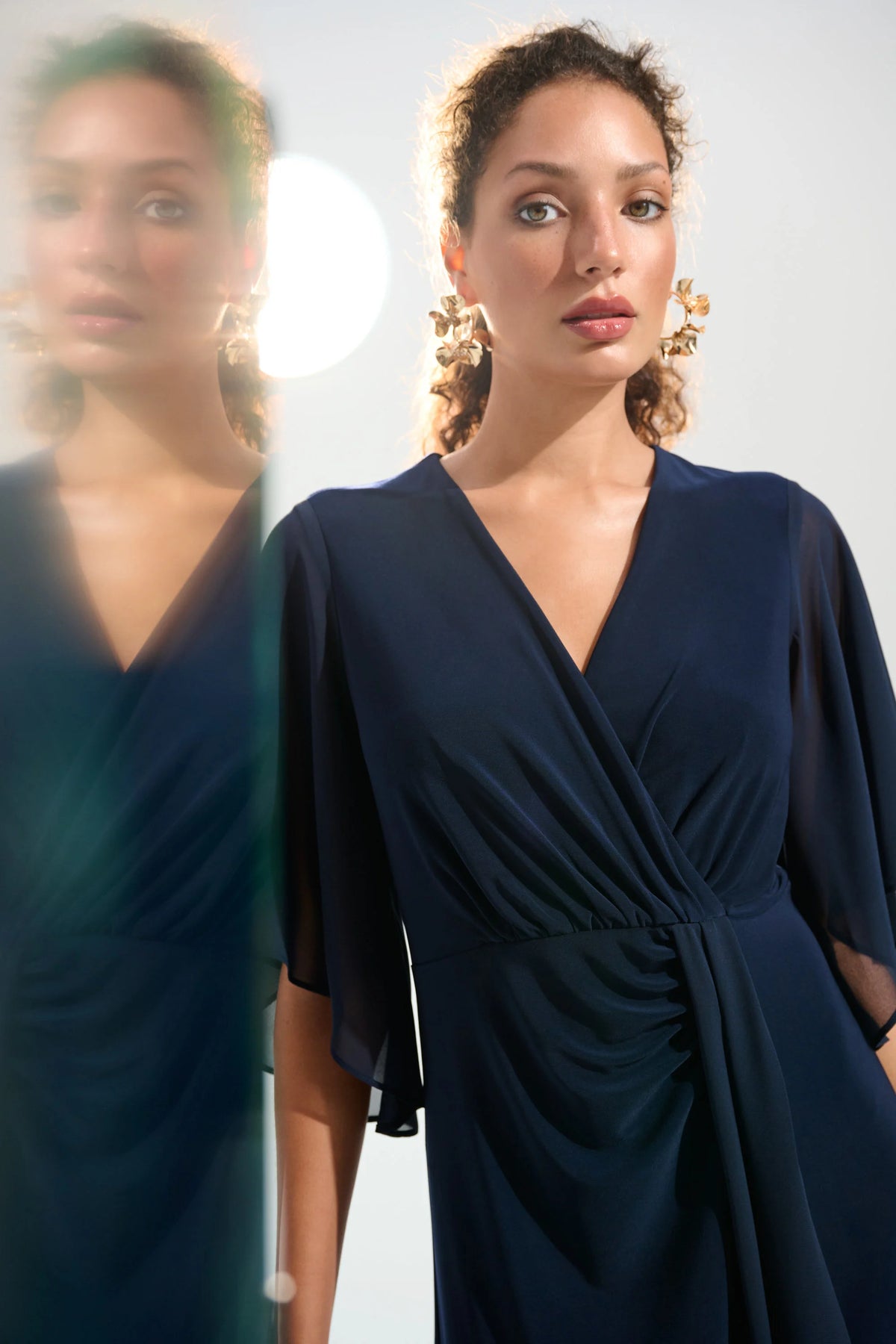 Joseph Ribkoff Midnight Blue Signature Silky Knit Fit and Flare Dress With Chiffon Draped Sash