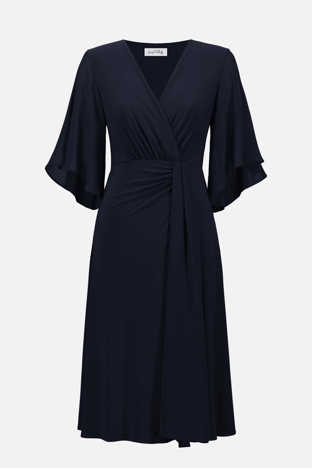 Joseph Ribkoff Midnight Blue Signature Silky Knit Fit and Flare Dress With Chiffon Draped Sash