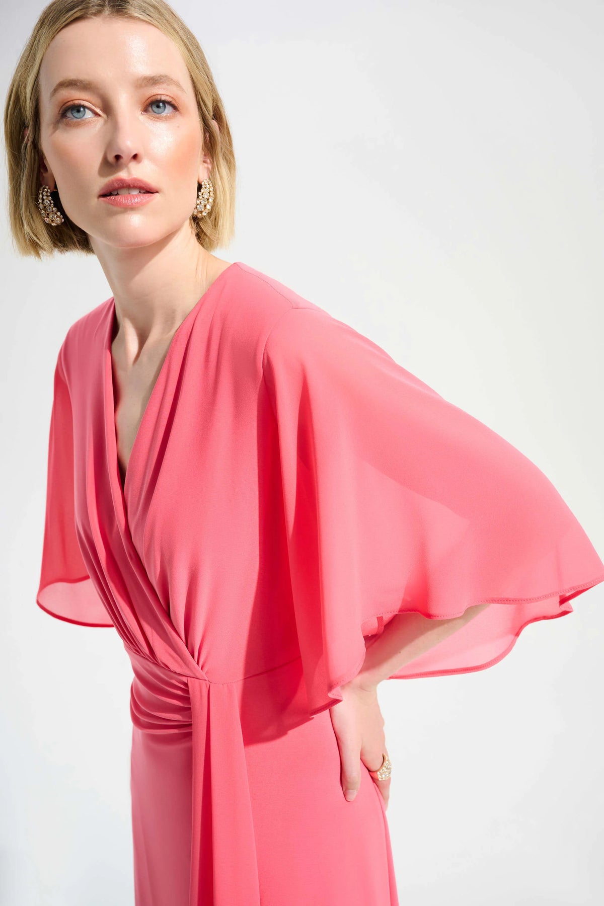 Joseph Ribkoff Paradise Coral Signature | Silky Knit Fit and Flare Dress With Chiffon Draped Sash