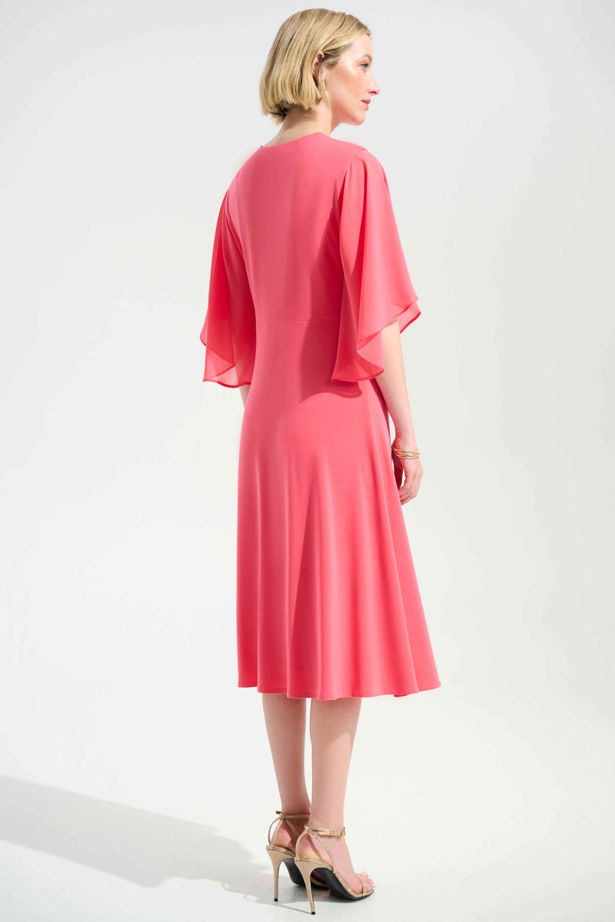 Joseph Ribkoff Paradise Coral Signature | Silky Knit Fit and Flare Dress With Chiffon Draped Sash