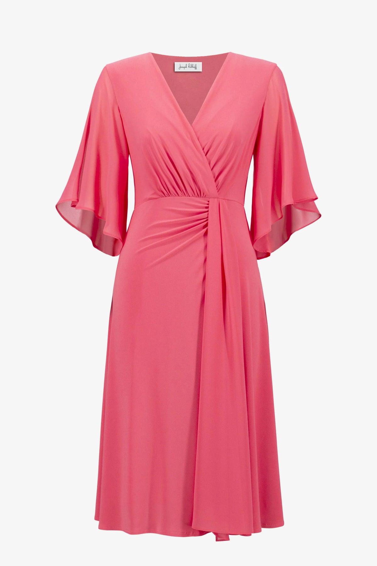 Joseph Ribkoff Paradise Coral Signature | Silky Knit Fit and Flare Dress With Chiffon Draped Sash