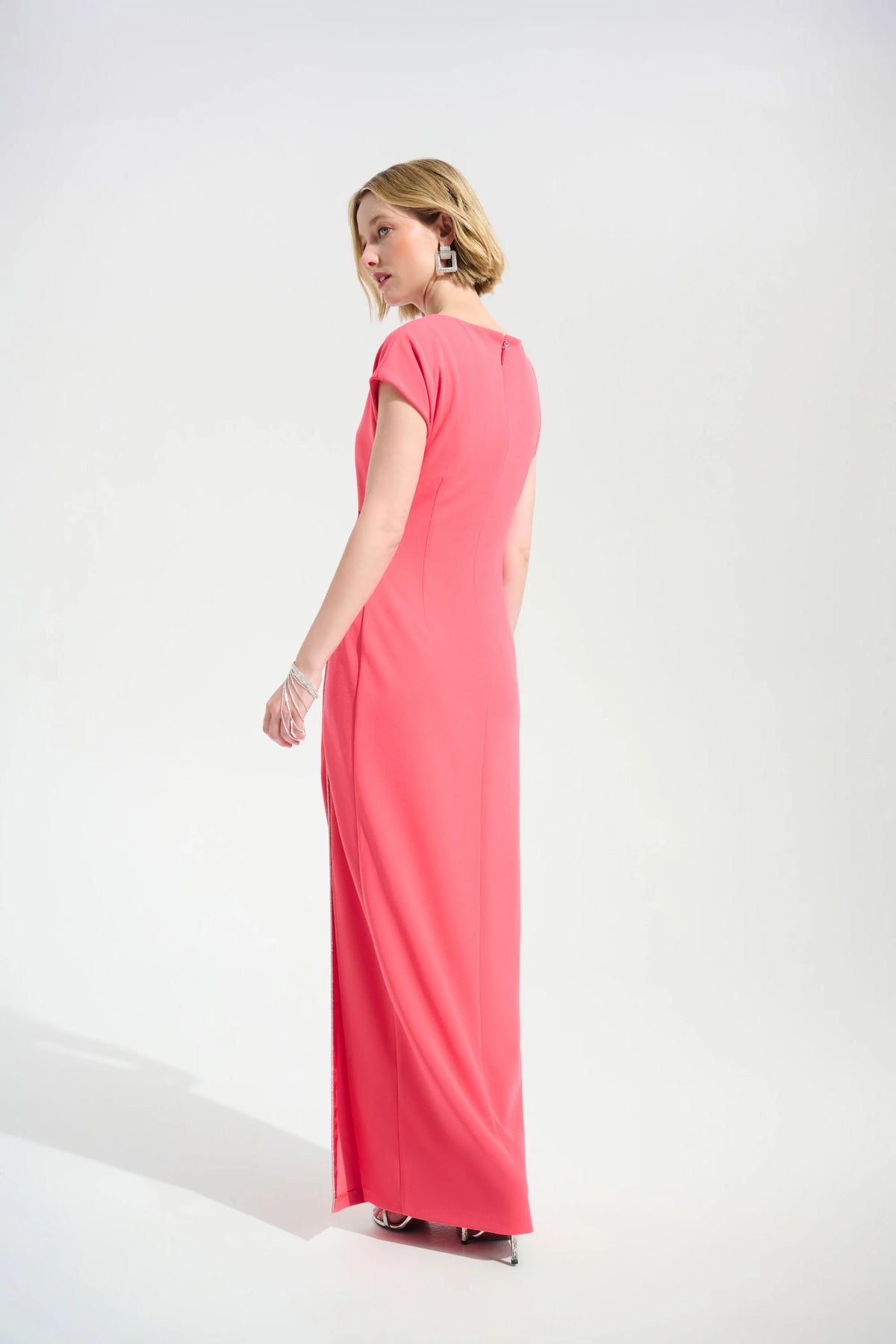 Joseph Ribkoff Paradise Coral Signature | Scuba Crepe Sheath Gown With Rhinestones Piping