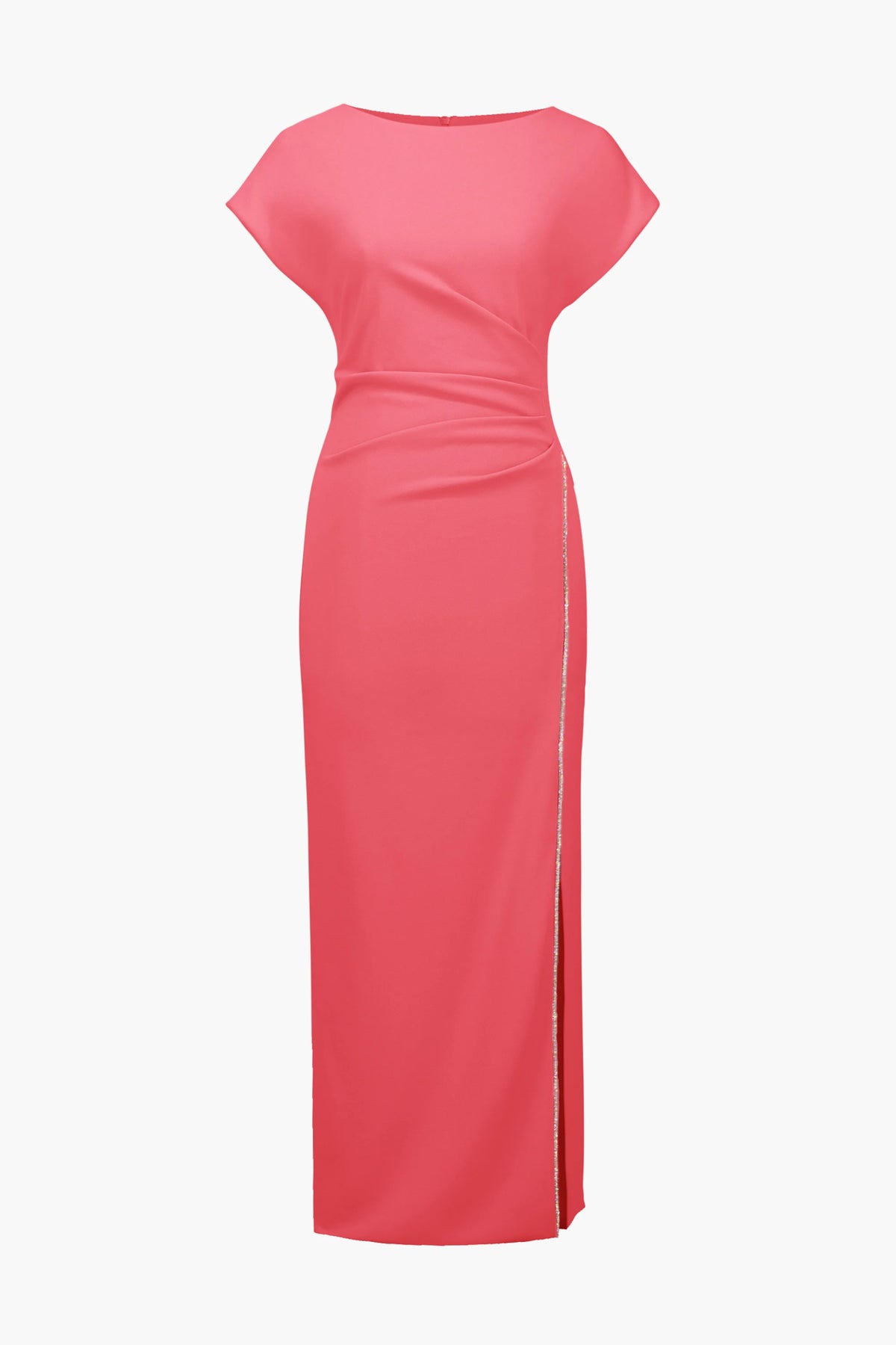 Joseph Ribkoff Paradise Coral Signature | Scuba Crepe Sheath Gown With Rhinestones Piping