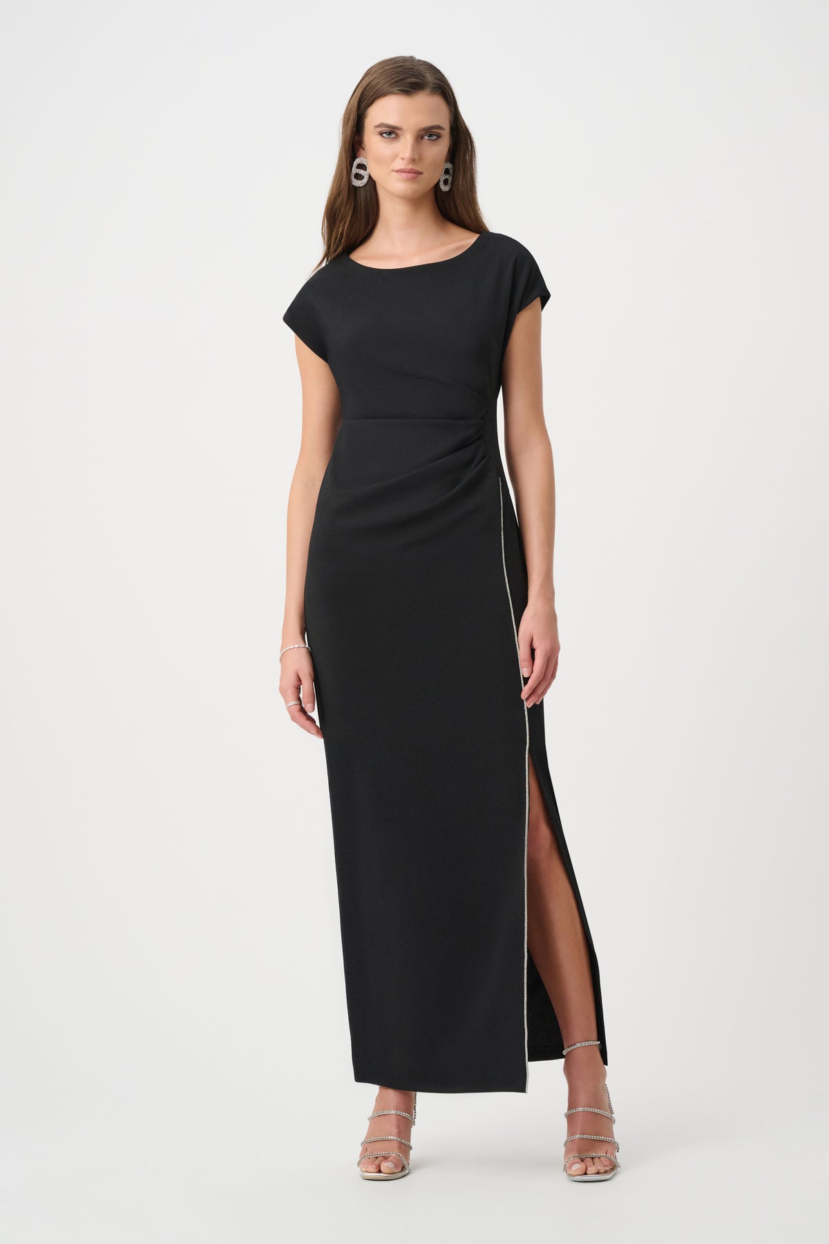 Joseph Ribkoff Black Signature | Scuba Crepe Sheath Gown With Rhinestones Piping