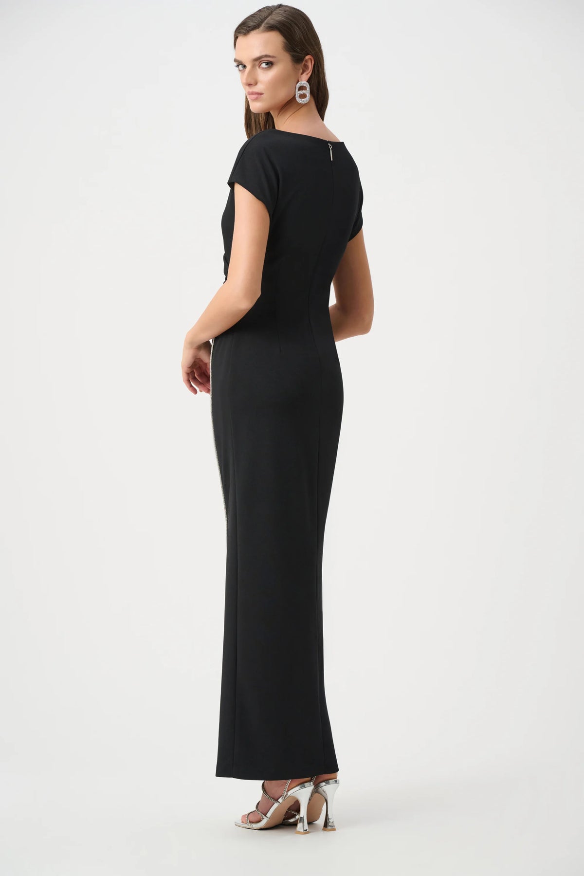 Joseph Ribkoff Black Signature | Scuba Crepe Sheath Gown With Rhinestones Piping