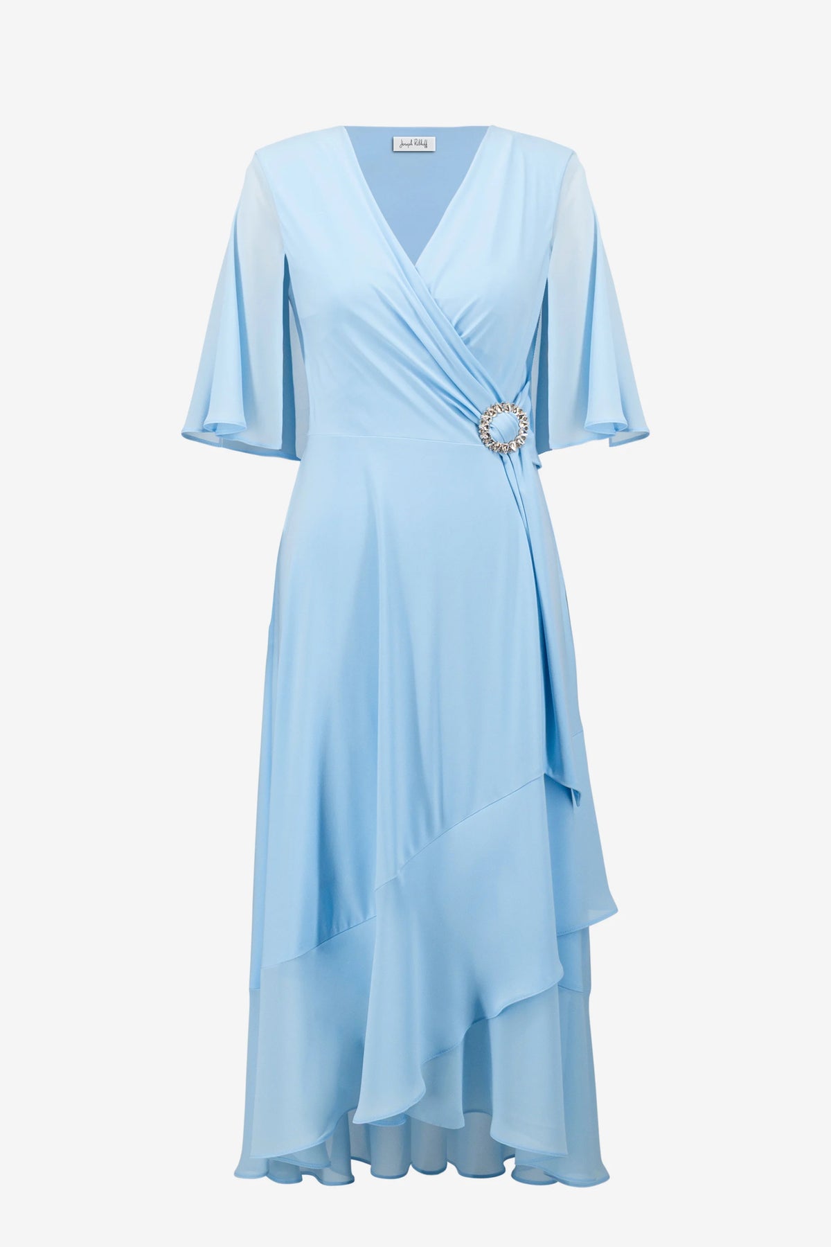 Joseph Ribkoff Sky Blue Signature | Silky Knit Flowy Wrap Dress With Buckle Rhinestones Detail