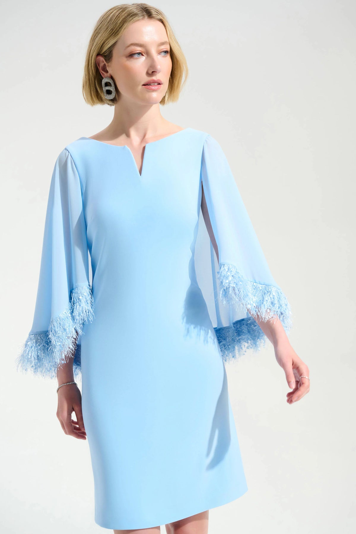 Joseph Ribkoff Signature | Silky Knit A-Line Dress With Chiffon Cape And Novelty Trim