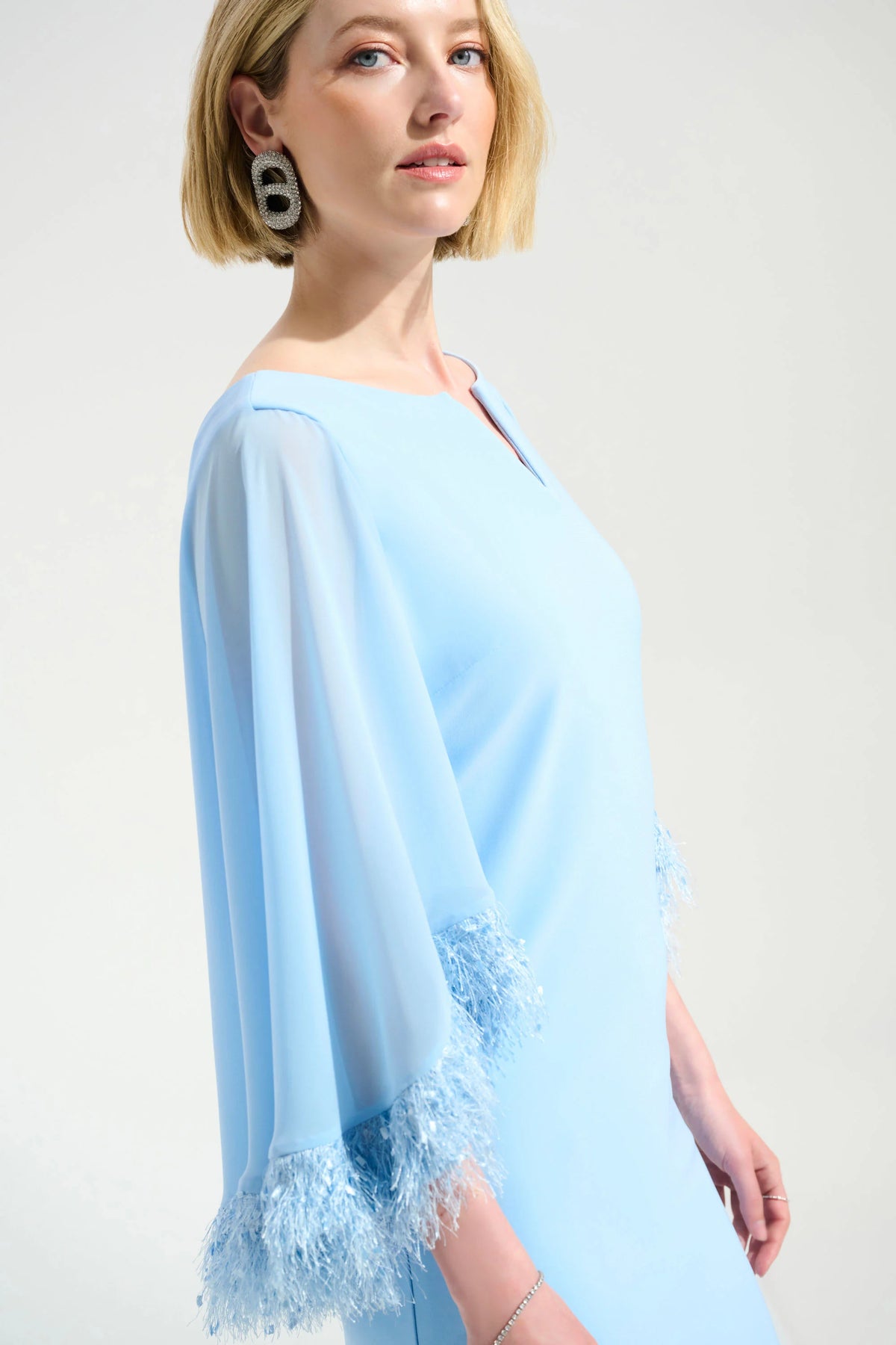 Joseph Ribkoff Signature | Silky Knit A-Line Dress With Chiffon Cape And Novelty Trim