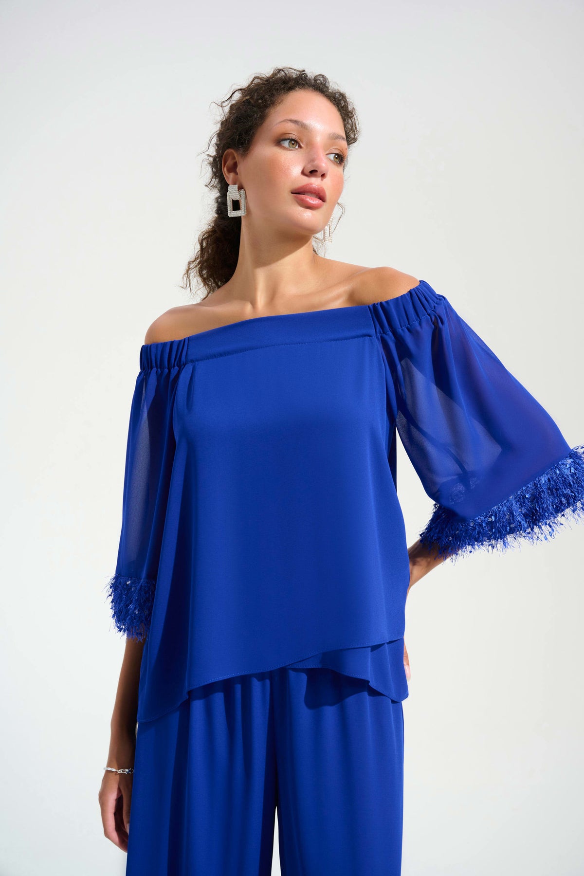 Joseph Ribkoff Royal Saphire Signature | Georgette And Chiffon Off Shoulder Trapeze Top With Novelty Trim