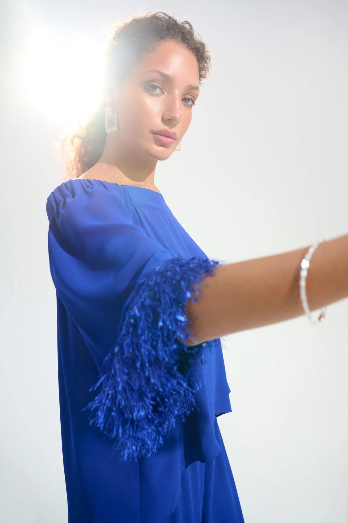 Joseph Ribkoff Royal Saphire Signature | Georgette And Chiffon Off Shoulder Trapeze Top With Novelty Trim