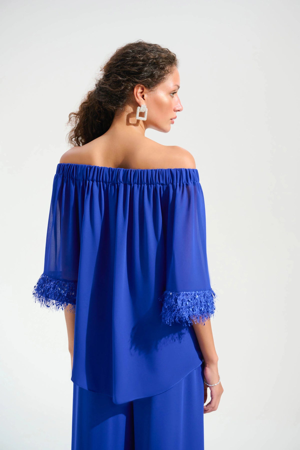 Joseph Ribkoff Royal Saphire Signature | Georgette And Chiffon Off Shoulder Trapeze Top With Novelty Trim
