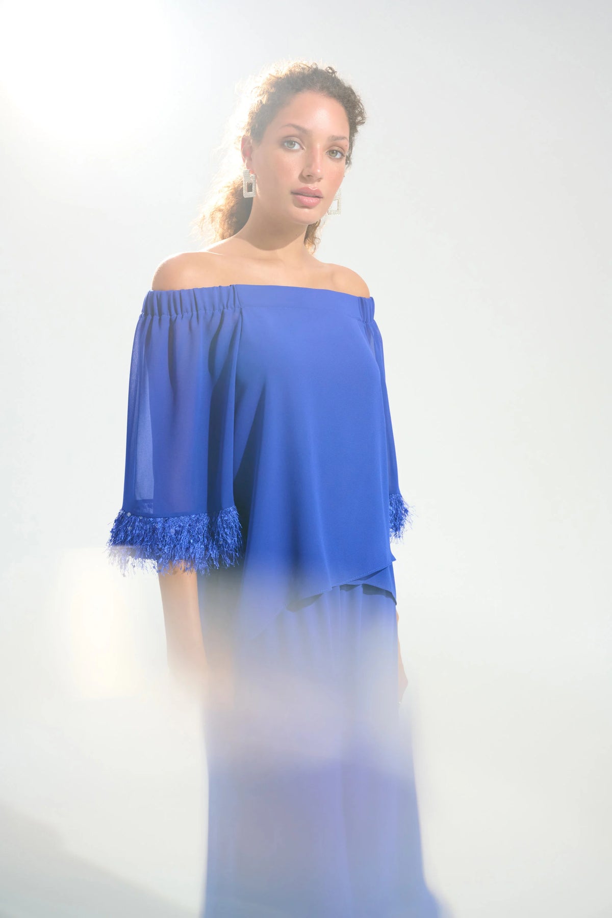 Joseph Ribkoff Royal Saphire Signature | Georgette And Chiffon Off Shoulder Trapeze Top With Novelty Trim