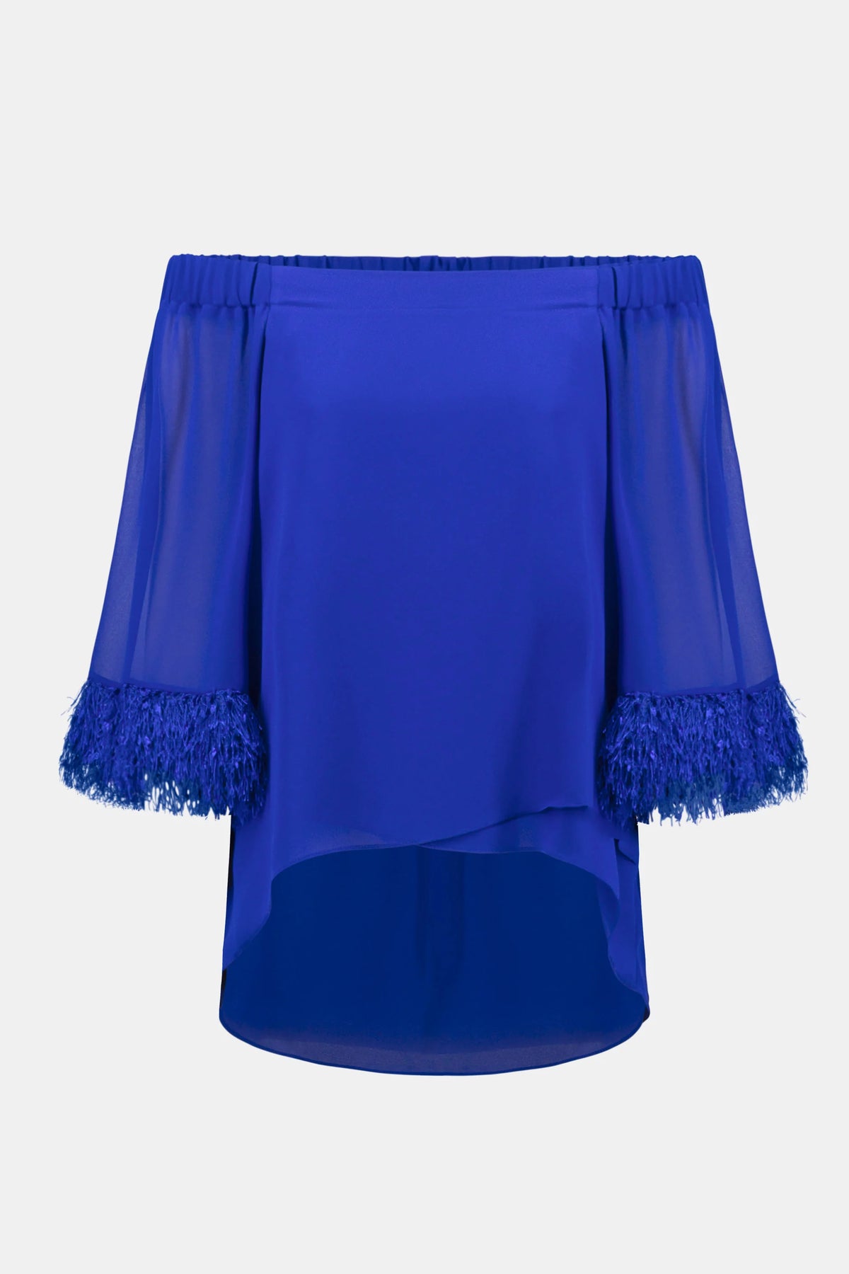 Joseph Ribkoff Royal Saphire Signature | Georgette And Chiffon Off Shoulder Trapeze Top With Novelty Trim