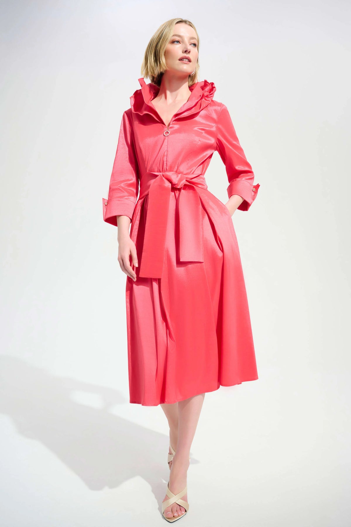 Joseph Ribkoff Paradise Coral Signature | Stretch Taffeta Fit And Flare Dress With Lapel Collar