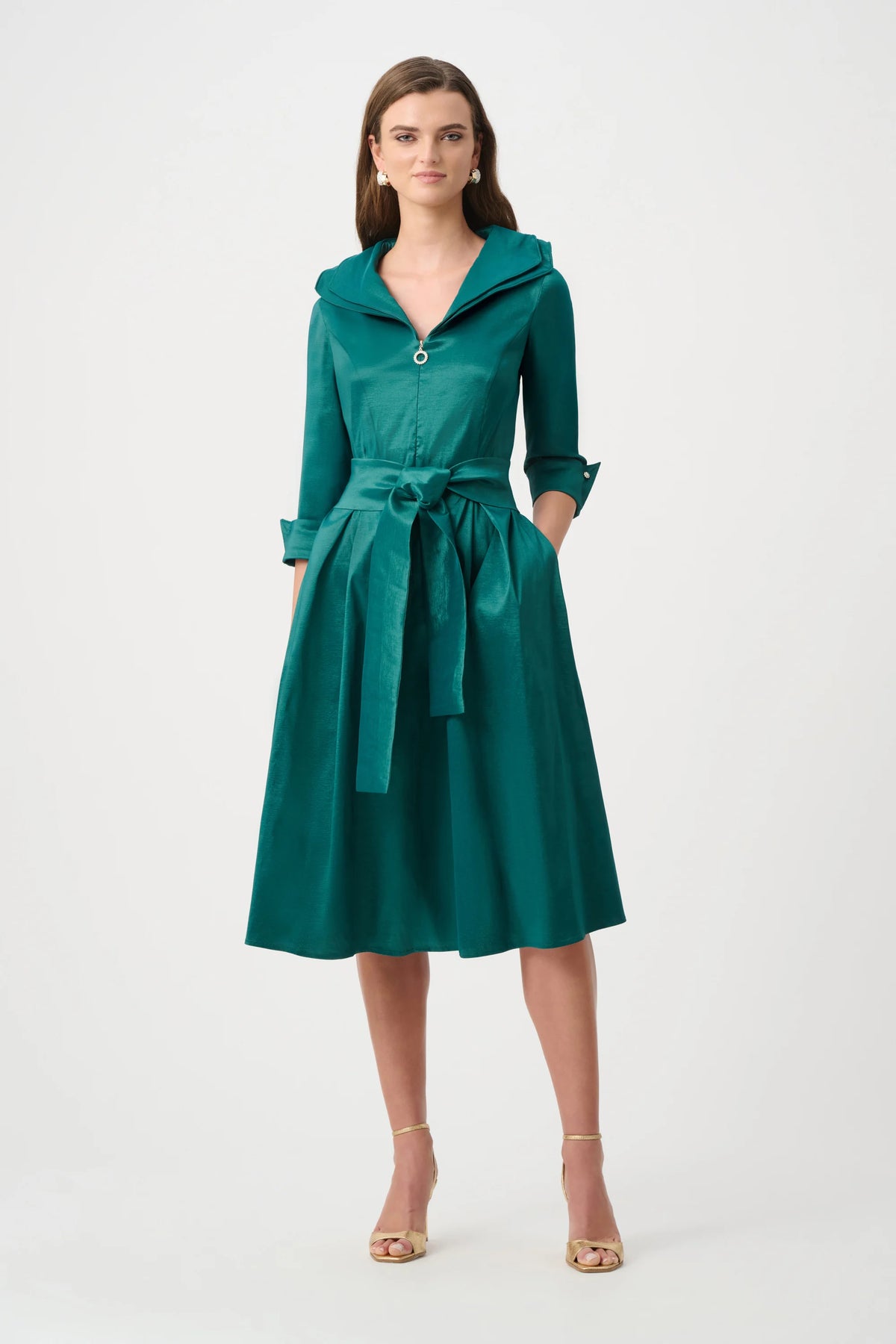 Joseph Ribkoff Green Signature | Stretch Taffeta Fit And Flare Dress With Lapel Collar