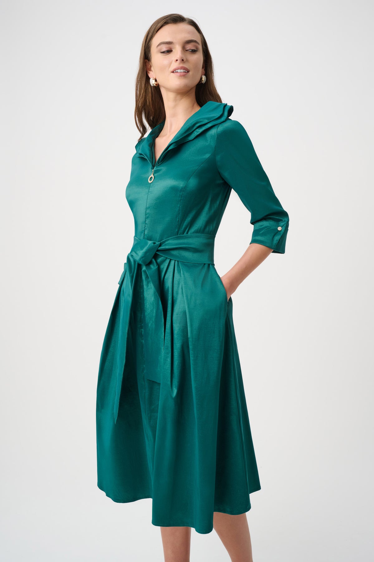 Joseph Ribkoff Green Signature | Stretch Taffeta Fit And Flare Dress With Lapel Collar