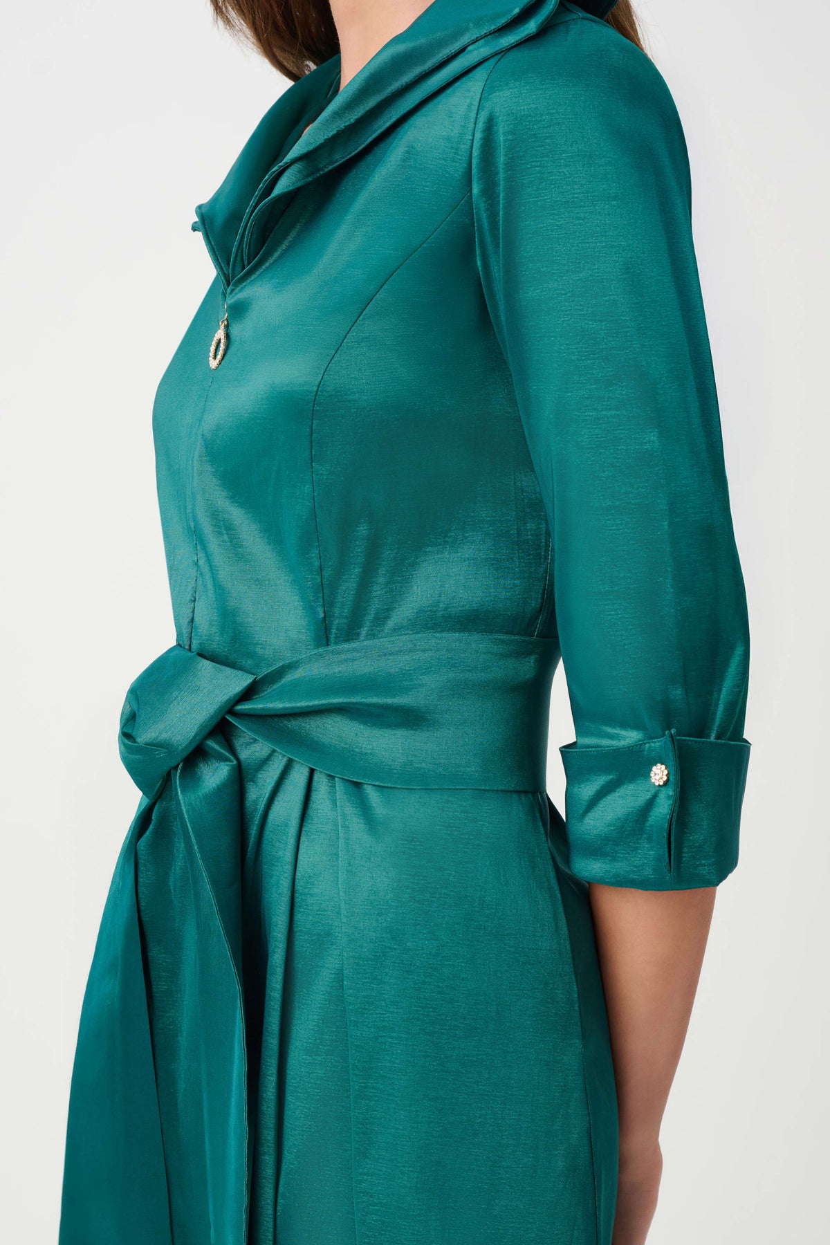 Joseph Ribkoff Green Signature | Stretch Taffeta Fit And Flare Dress With Lapel Collar