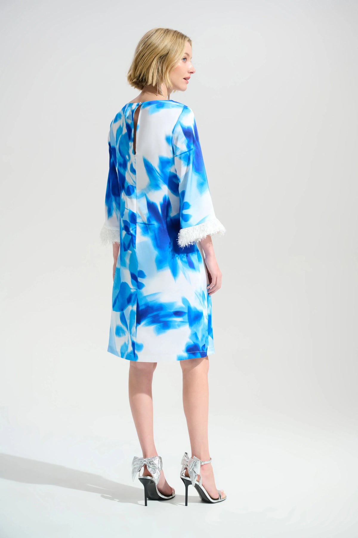 Joseph Ribkoff Signature | Recycled Satin Floral Print Shift Dress With Novelty Trim