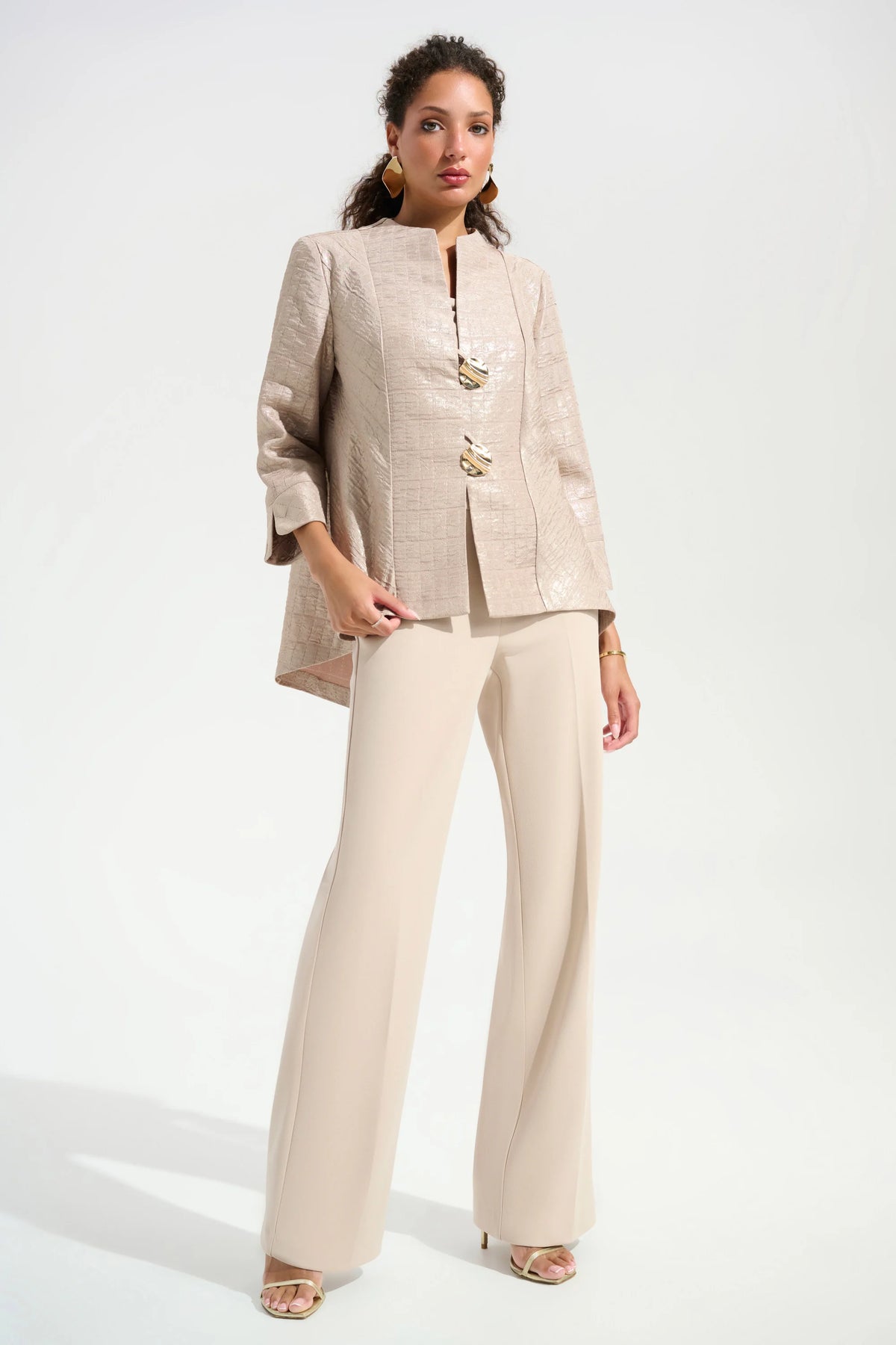 Joseph Ribkoff Sand Signature | Foiled Textured Jacquard Trapeze Jacket With Statement Button
