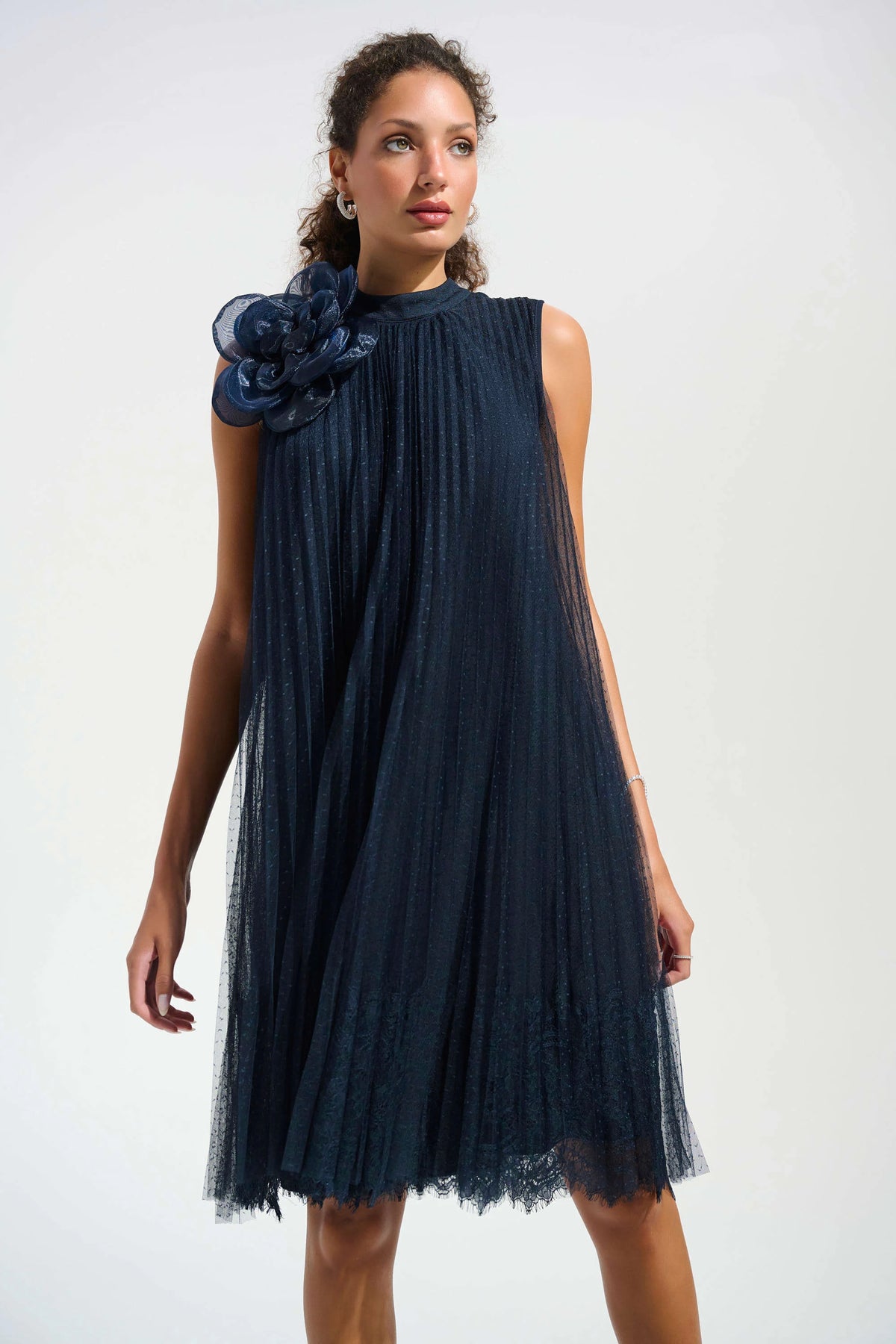 Joseph Ribkoff Midnight Blue Signature | Mesh And Lace A-Line Dress With Organza Flower Detail
