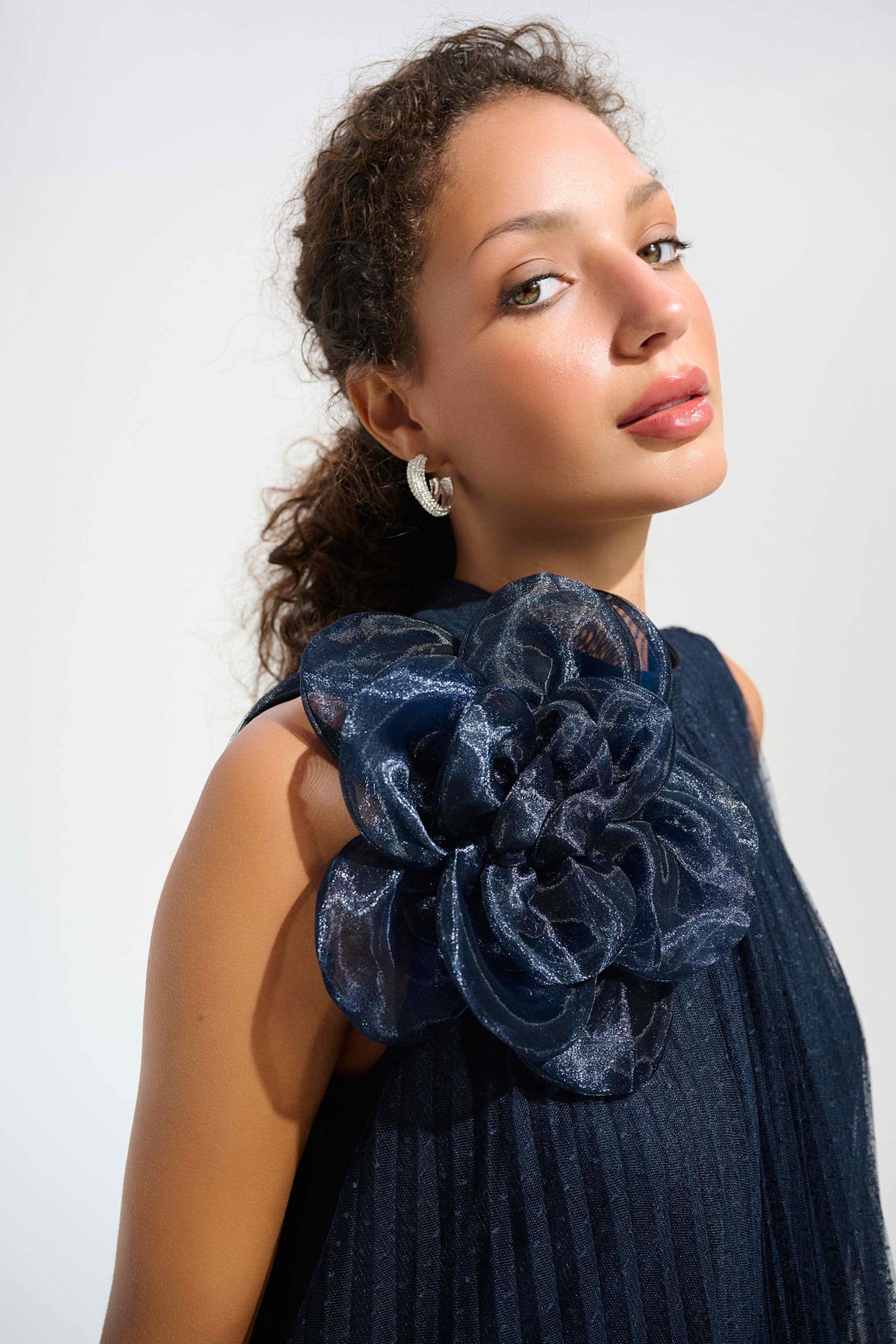 Joseph Ribkoff Midnight Blue Signature | Mesh And Lace A-Line Dress With Organza Flower Detail