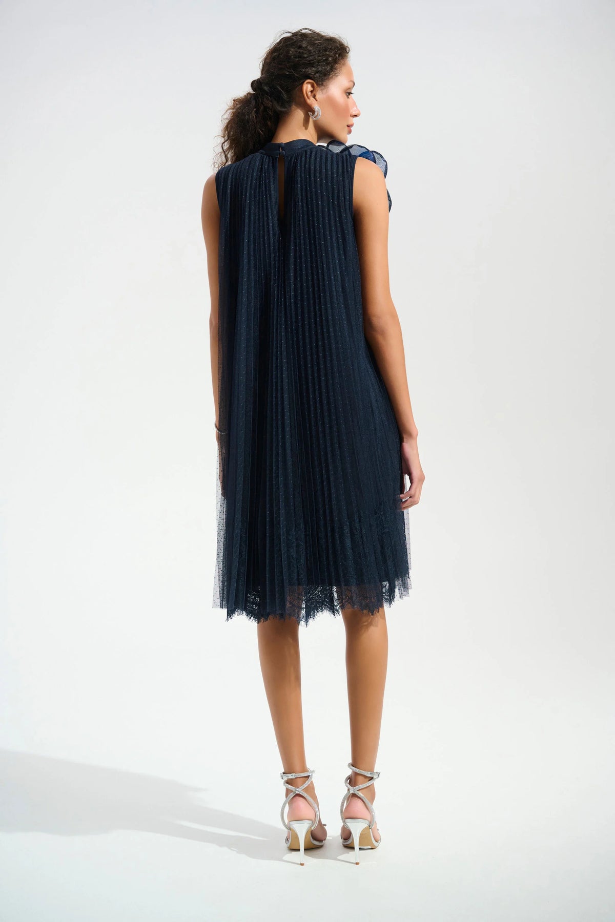 Joseph Ribkoff Midnight Blue Signature | Mesh And Lace A-Line Dress With Organza Flower Detail
