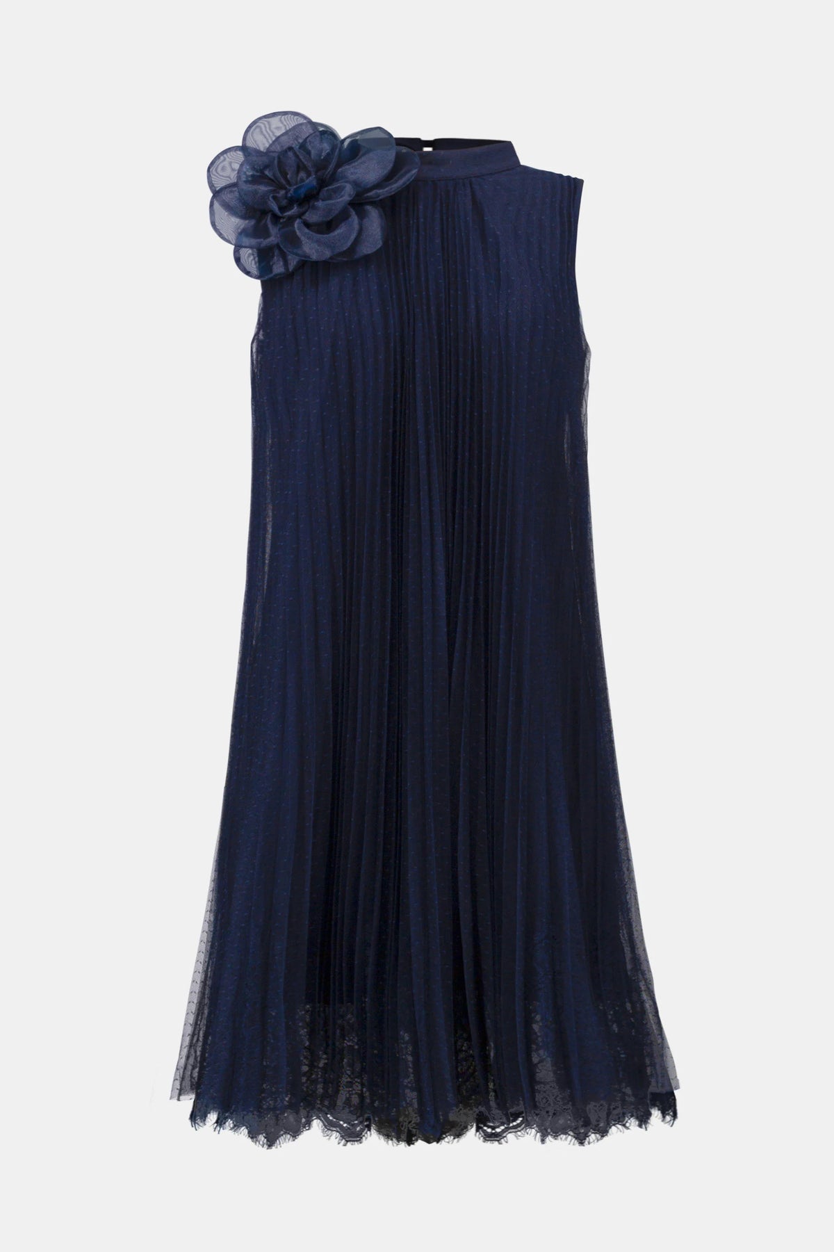 Joseph Ribkoff Midnight Blue Signature | Mesh And Lace A-Line Dress With Organza Flower Detail