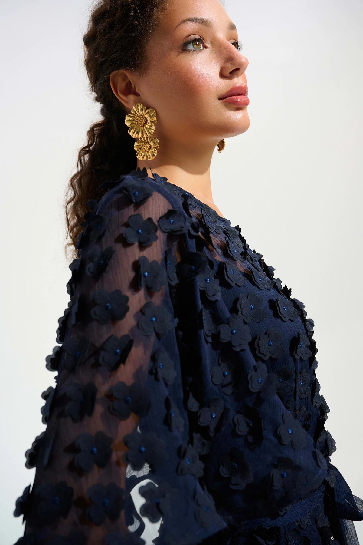 Joseph Ribkoff Signature | 3D Embroidered Chiffon Fit And Flare Dress With Sash Belt