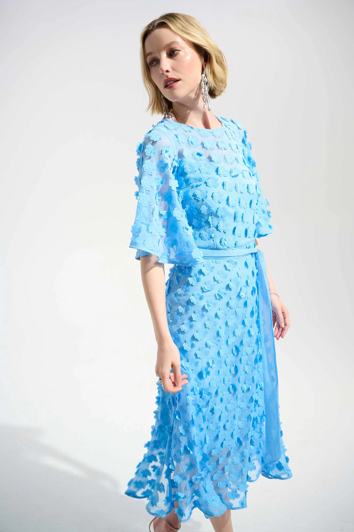 Joseph Ribkoff Sky Blue Signature | 3D Embroidered Chiffon Fit And Flare Dress With Sash Belt