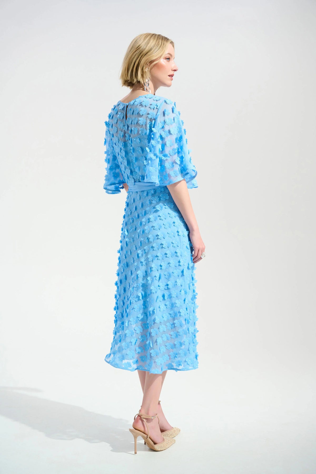 Joseph Ribkoff Sky Blue Signature | 3D Embroidered Chiffon Fit And Flare Dress With Sash Belt