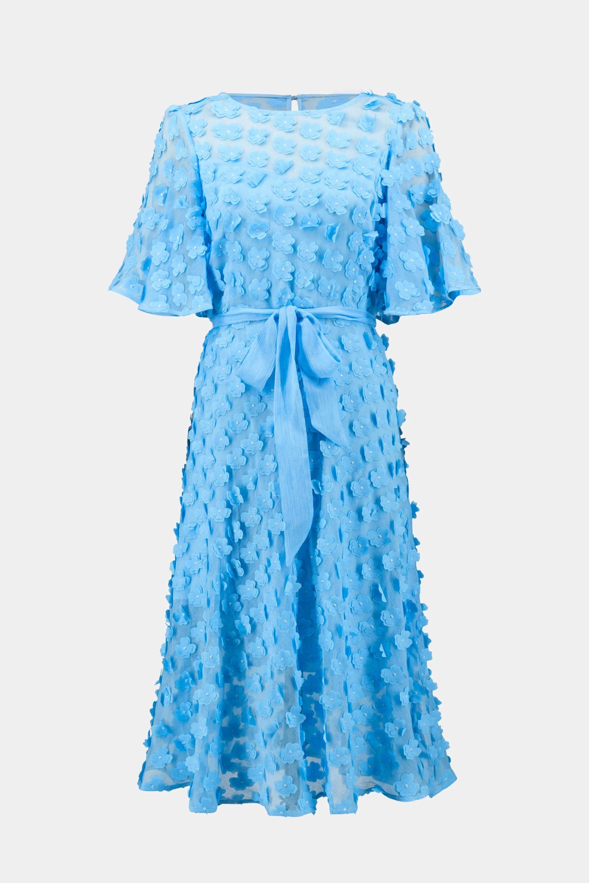 Joseph Ribkoff Sky Blue Signature | 3D Embroidered Chiffon Fit And Flare Dress With Sash Belt