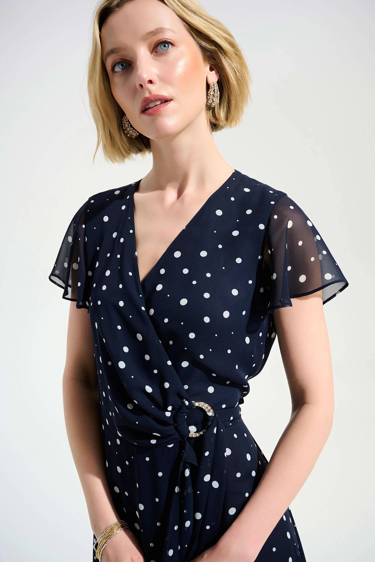 Joseph Ribkoff Midnight Blue/Vanilla Signature | Chiffon Print Wrap Dress With Ruffle Detail