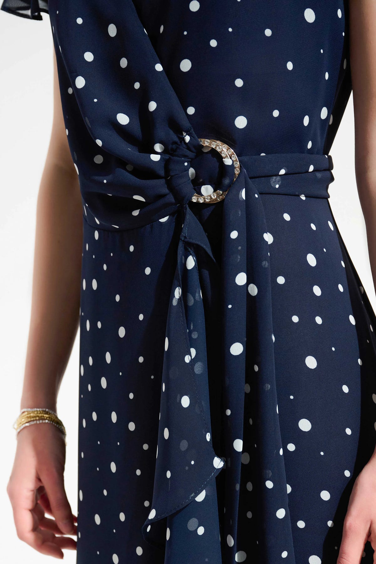 Joseph Ribkoff Midnight Blue/Vanilla Signature | Chiffon Print Wrap Dress With Ruffle Detail